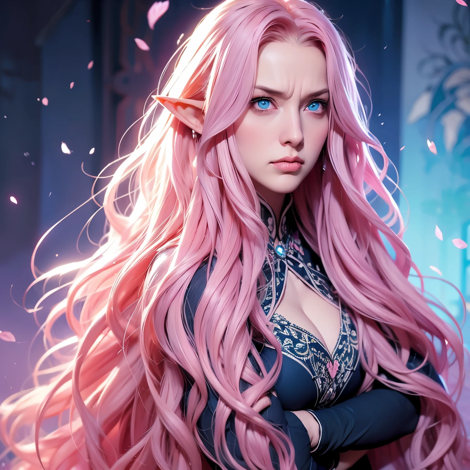 Woman, long wavy hair, pink hair, blue eyes, angry, angry expression, crossing arms, elf, medieval 