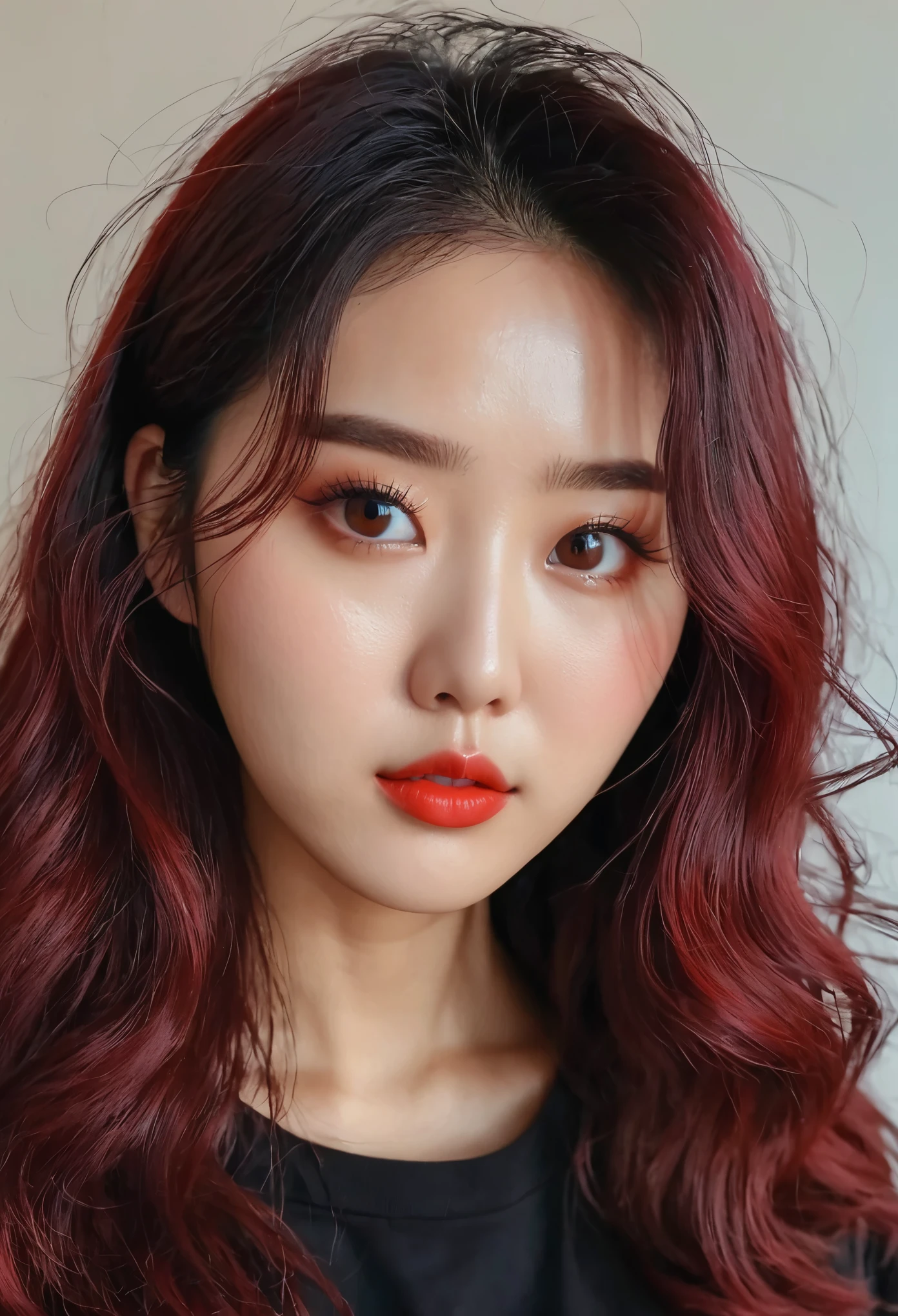 Mulher coreana, olhos castanhos e puxados,cabelo vermelho escuro, fantasiada de Coelho, fotos aesthetic para instagram