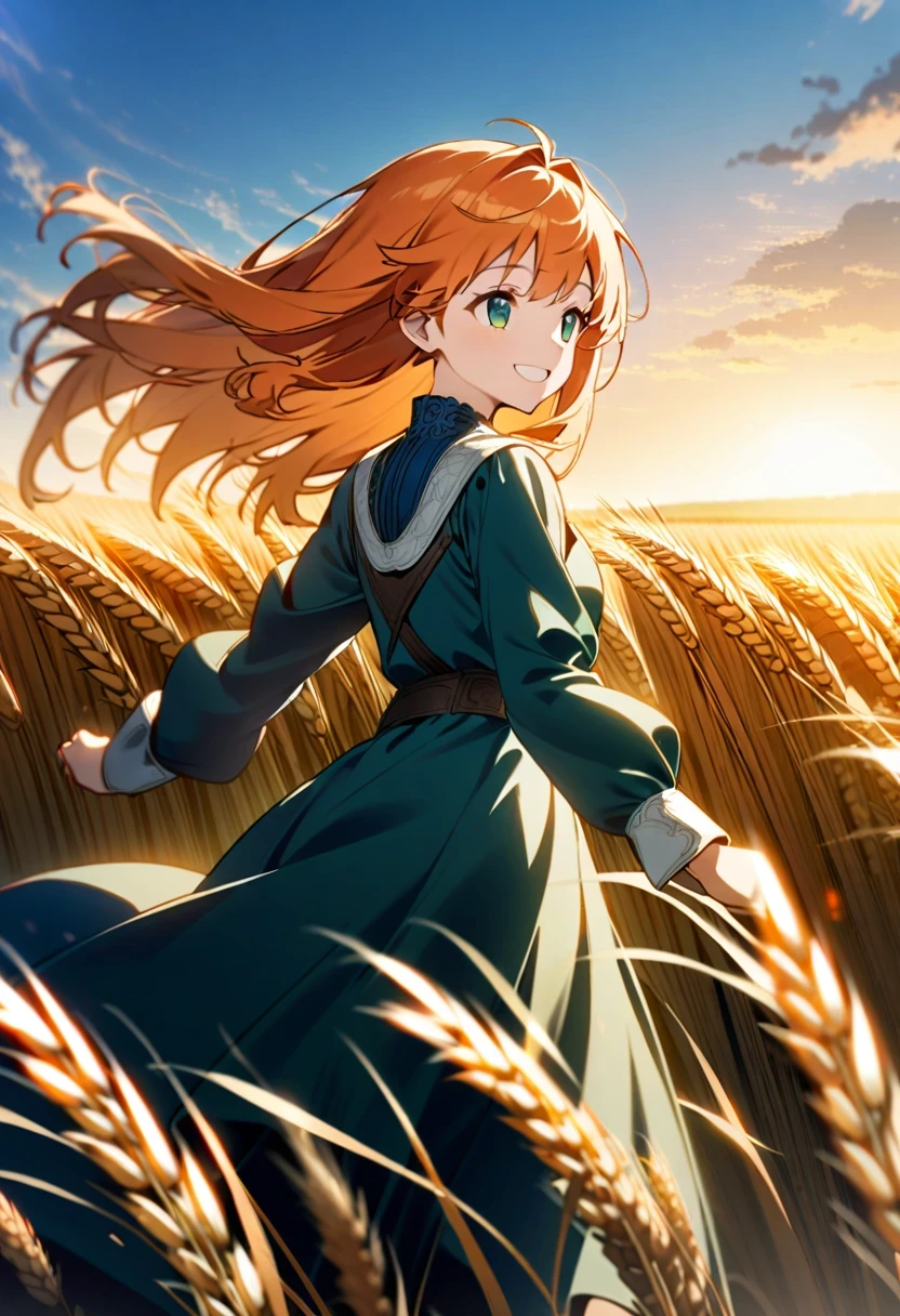 1 girl, alone, Long orange hair, running, (high wheat field), Turn around, emerald eyes, Long blue dress, middle Ages, middle Ages服装, long sleeve sunset, light from behind, shadows on characters, Smile, laughter, (blue sky), Against the background of wheat, Standing far away, looking at the audience, full length