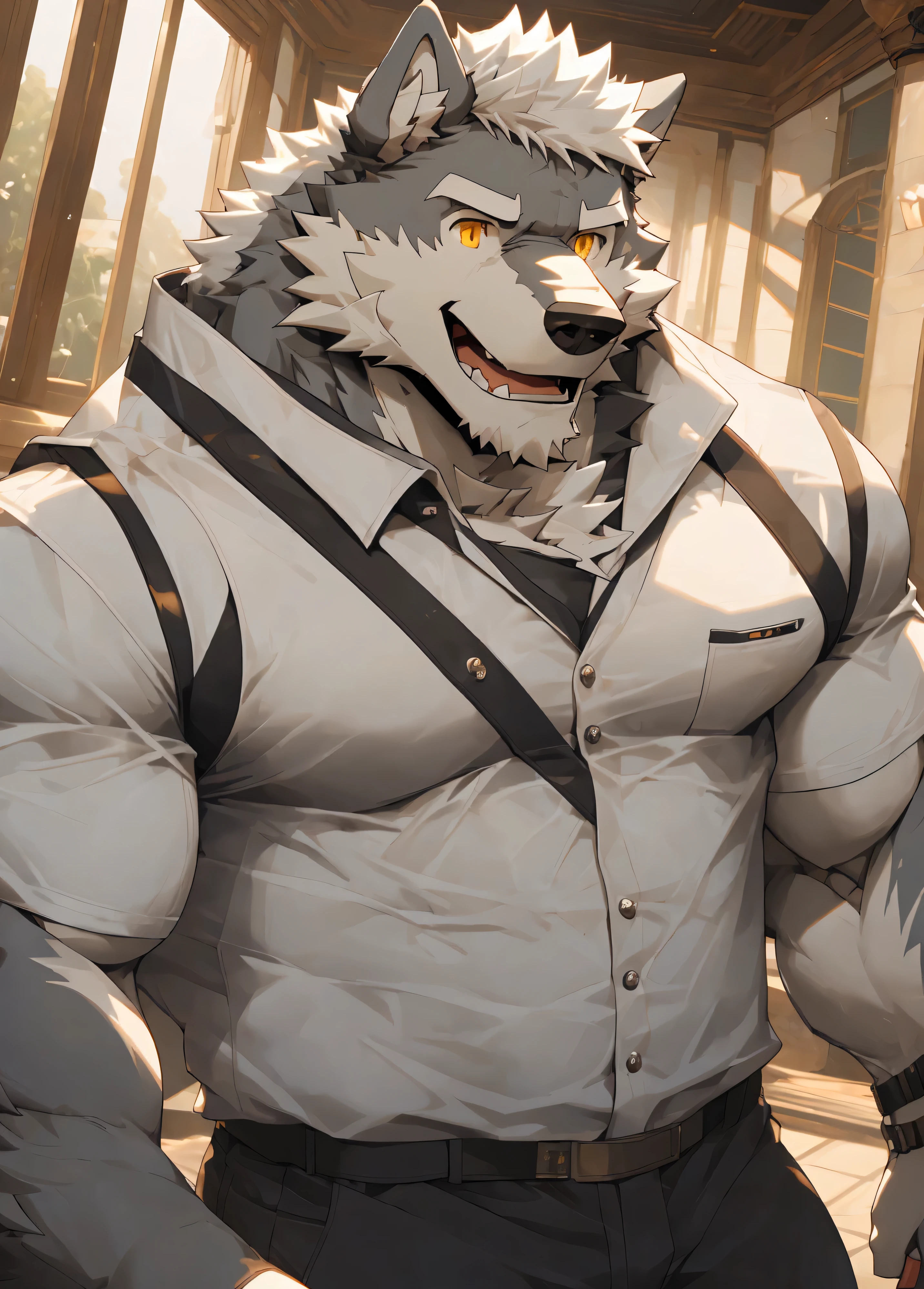 (masterpiece)，(Very detailed)，(best quality)，hairy，Wolf，gray fur，white hair，golden pupils，muscular，(white casual wear)，((funny expression))，8K，(high quality)，(ultra high definition)，(Super detailed)