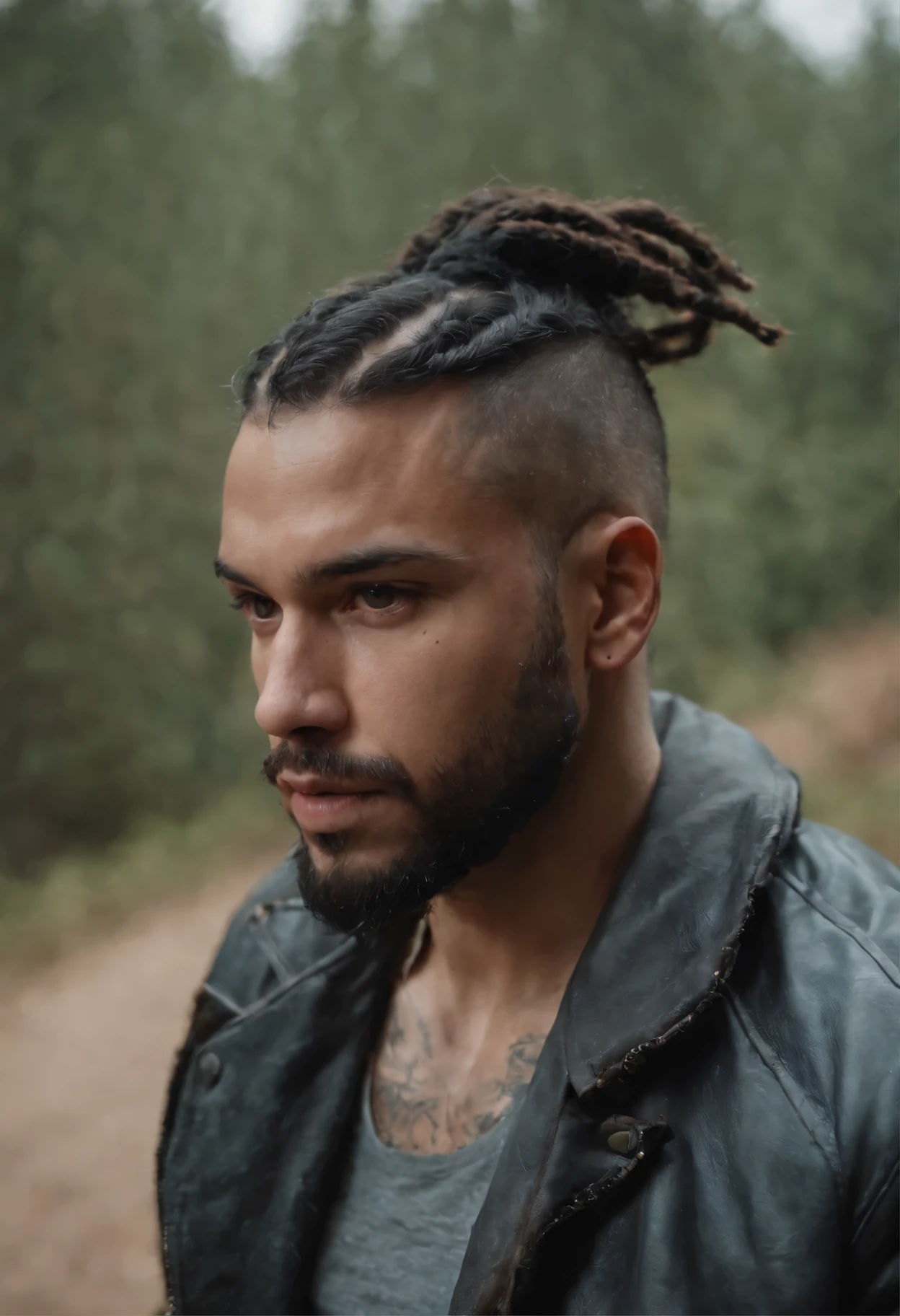 um homem , guerreiro, rico, charmoso, com tecnologia, Ciberpunk, fundo de selva, Blood and explosions, em cima de uma moto, com ceu azul, black man with braids, corpo musculoso e jaqueta em detalhes de couro mostrando a musculatura.