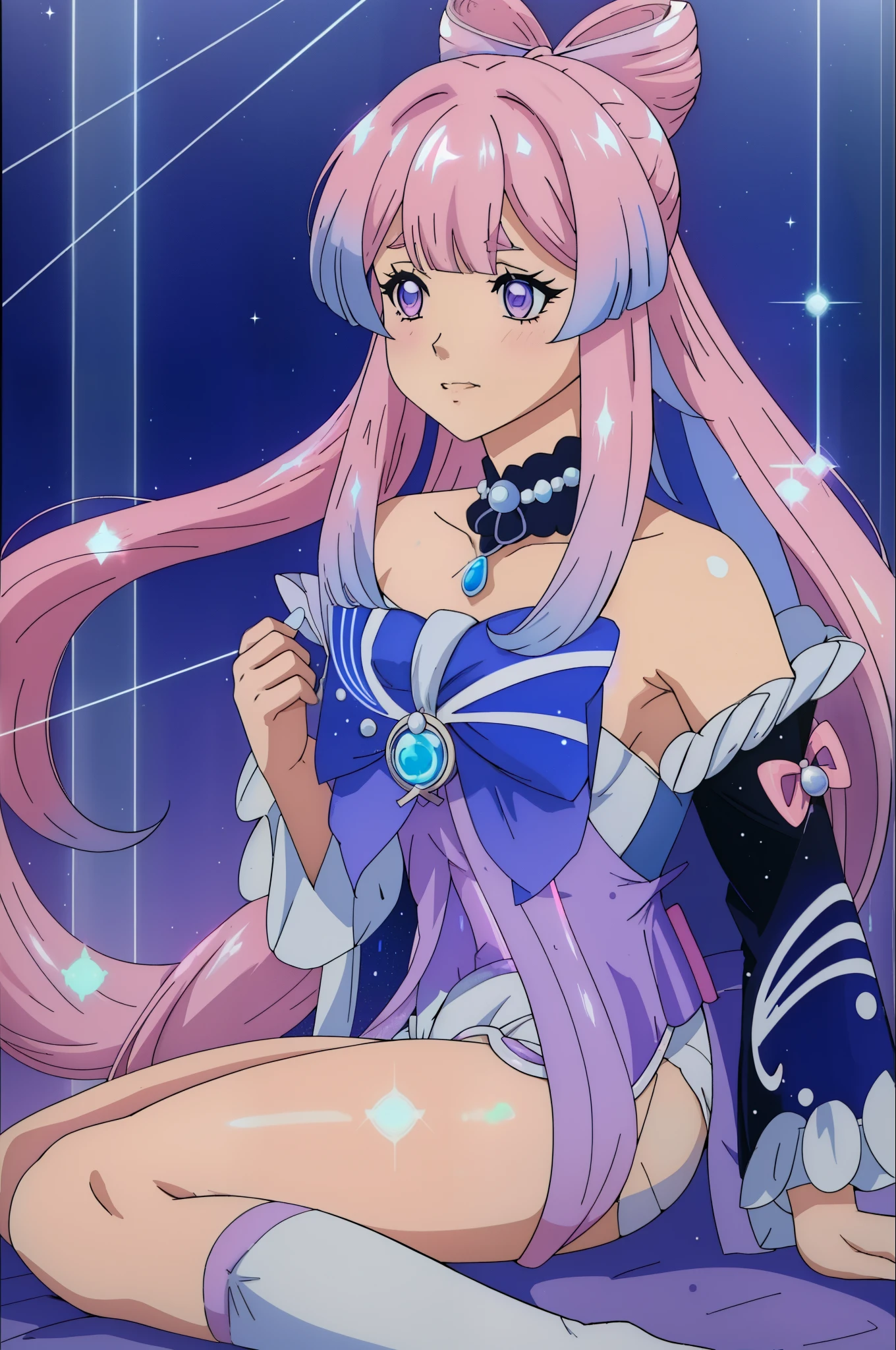1 girl solo, long pink hair, translucent clothes, big blue bow on her chest, long wide sleeves, bare shoulders, long white socks, light purple eyes, pastel colors, giant seashells with pearls, iridescent light, sparkles and glow, vintage anime screenshot, 90s anime
