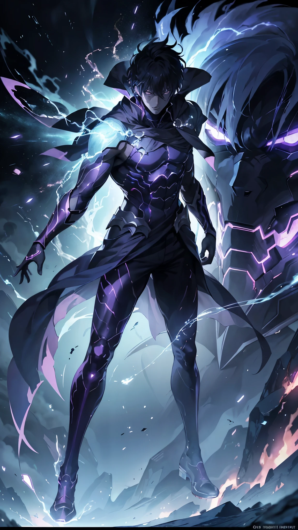 epic anime style, purple lightning, evil temperament, 20-year-old male shadow assassin, glowing black aura, shadow supervisor, handsome face, brilliant and majestic. Beautiful standard body and complete body structure. full body shot of a man with lightning in his hand, an epic anime about a purple energy man, in a battle stance with dark hair and glowing eyes looking at the viewer. Cool Gapmoe Yandere, menacing look, gintama's Hijikata Toushirou, inspired by Masanobu Okumura, the originator of the anime art style, Nobutaka Ike, the night war rages behind him. Highest image quality 8K, details everything 8K.