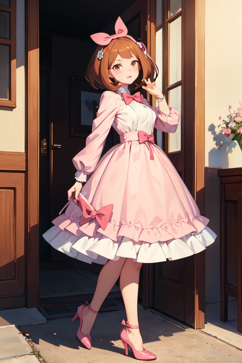 ((best quality)), ((masterpiece)), (detailed), perfect face, my hero academia, ochaco uraraka,1girl, standing, full body, cute, brown hair, short hair, golden brown eyes, two hair bangs, pink beautiful dress, detailed eyes, pink heels, pink lipstick on lips, cute girl, highly detailed, ultra detailed, soft skin, solo, soft expression, detailed hair, detailed dress, anime, 8k quality, ball gown, ball dress, bobbed hair with baby bangs, two longer parts of hair on the side of face, blush on cheeks, extremely detailed anime brown eyes, pink bow on hair, singing, idol, luxury room