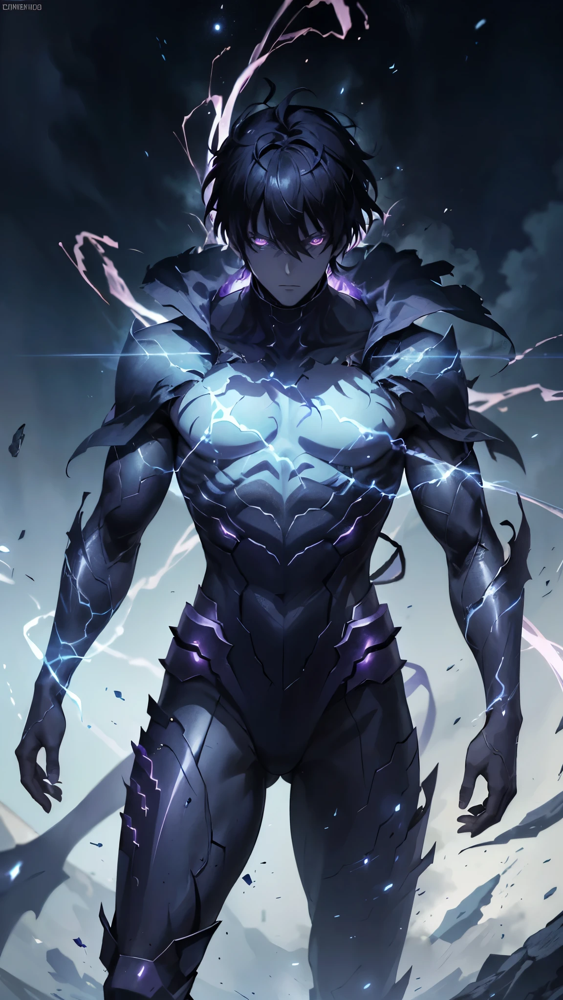 epic anime style, purple lightning, evil temperament, 20-year-old male shadow assassin, glowing black aura, shadow supervisor, handsome face, brilliant and majestic. Beautiful standard body and complete body structure. full body shot of a man with lightning in his hand, an epic anime about a purple energy man, in a battle stance with dark hair and glowing eyes looking at the viewer. Cool Gapmoe Yandere, menacing look, gintama's Hijikata Toushirou, inspired by Masanobu Okumura, the originator of the anime art style, Nobutaka Ike, the night war rages behind him. Highest image quality 8K, details everything 8K.