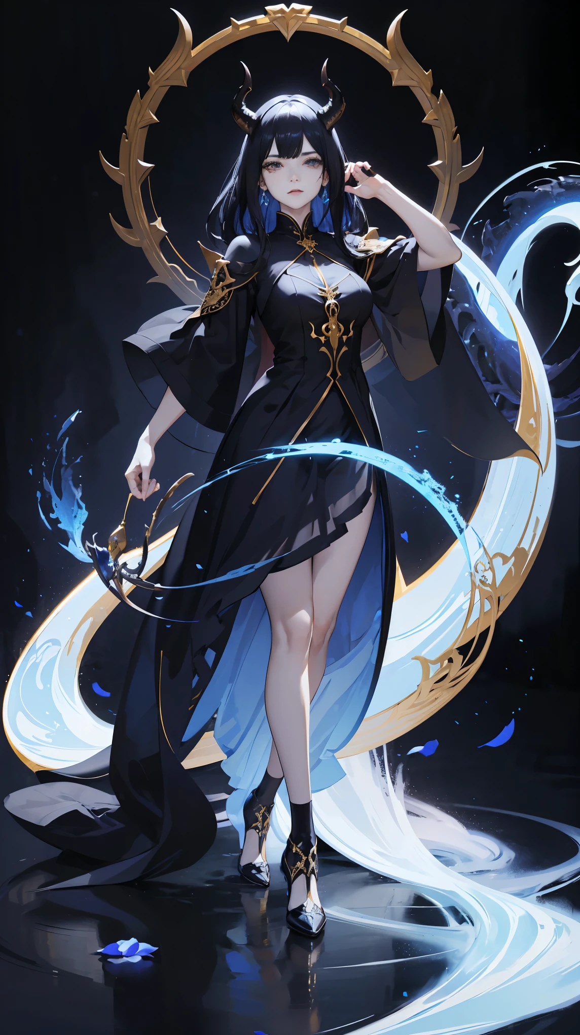 Seven Rhaeyar (Deylta), Ancient Star goddess, Perfect female anatomy (Adult Female, 166cm in height, pale skin, slim, slender, 34D breast size, Gray Eyes, Long Black Hair, Beauty Mark Mole on right cheek bone, a set of black horns on her head), Neutral facial expression, Elegant white, black and blue dress female uniform dress with gold and rope accessories and dragon motifs, Black background, receiving light from the front, Ethereal glow, blue petals