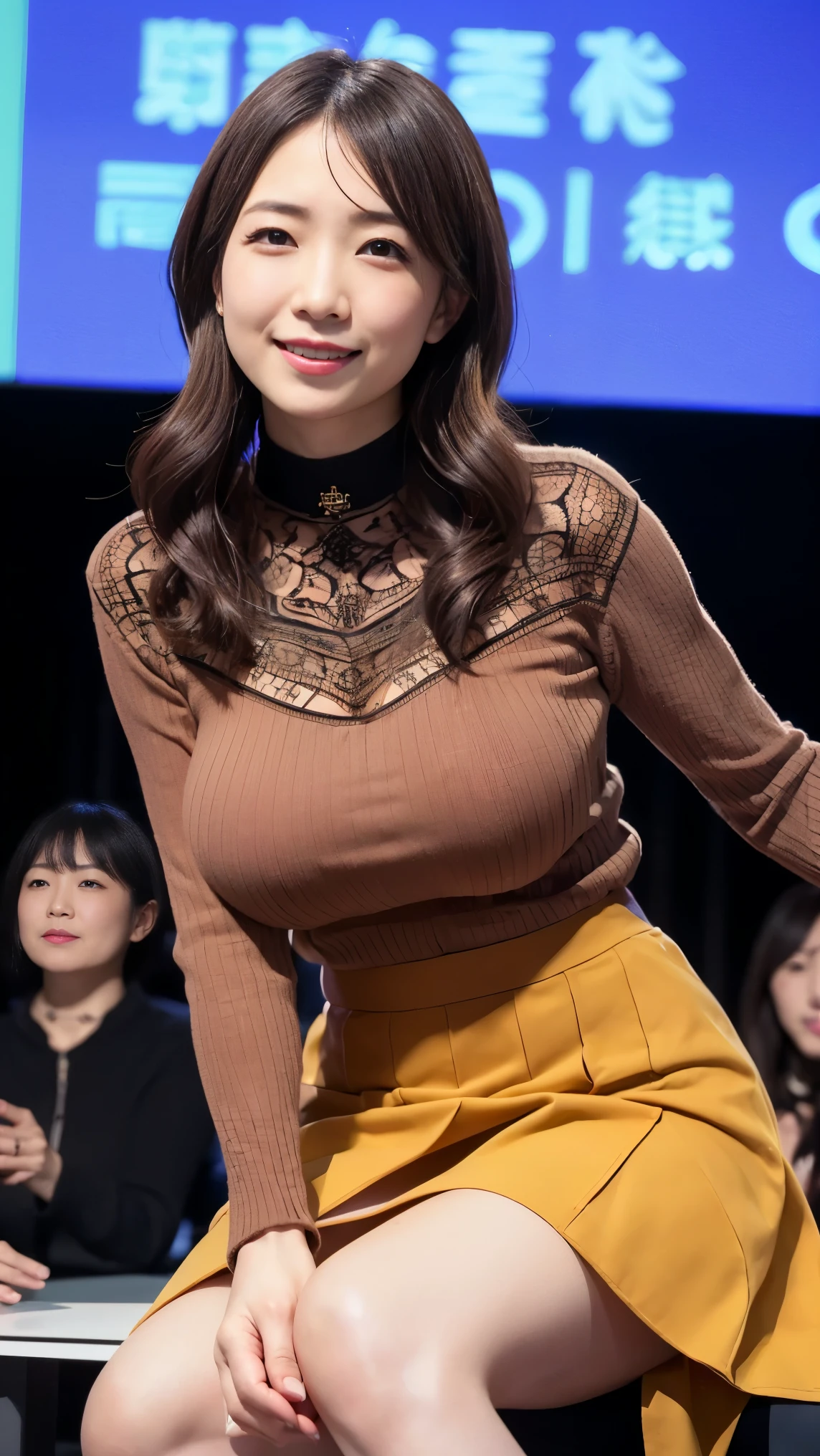 Japanese woman wearing a black round neck sweater、knit dress、thin waist、 (((masterpiece))), ((highest quality)), ((intricate details)), (((超realistic)), absurd solution, near and far law, very detailed, realistic, 1 girl, ((big breasts)), perfect hands, finger details, beautiful and detailed eyes, long hair, brown eyes,skirt, detailed background, choker, perfect eyes, enchanting eyes, look at the audience, from the front、laughter、one mole around the mouth、