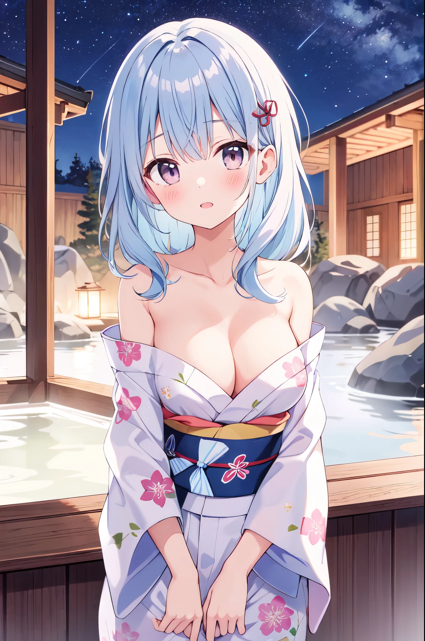 (masterpiece)、(highest quality)、((Super detailed))、(super delicate)、pastel colored hair、beautiful breasts、yukata、Hot spring at night、fantastic starry sky