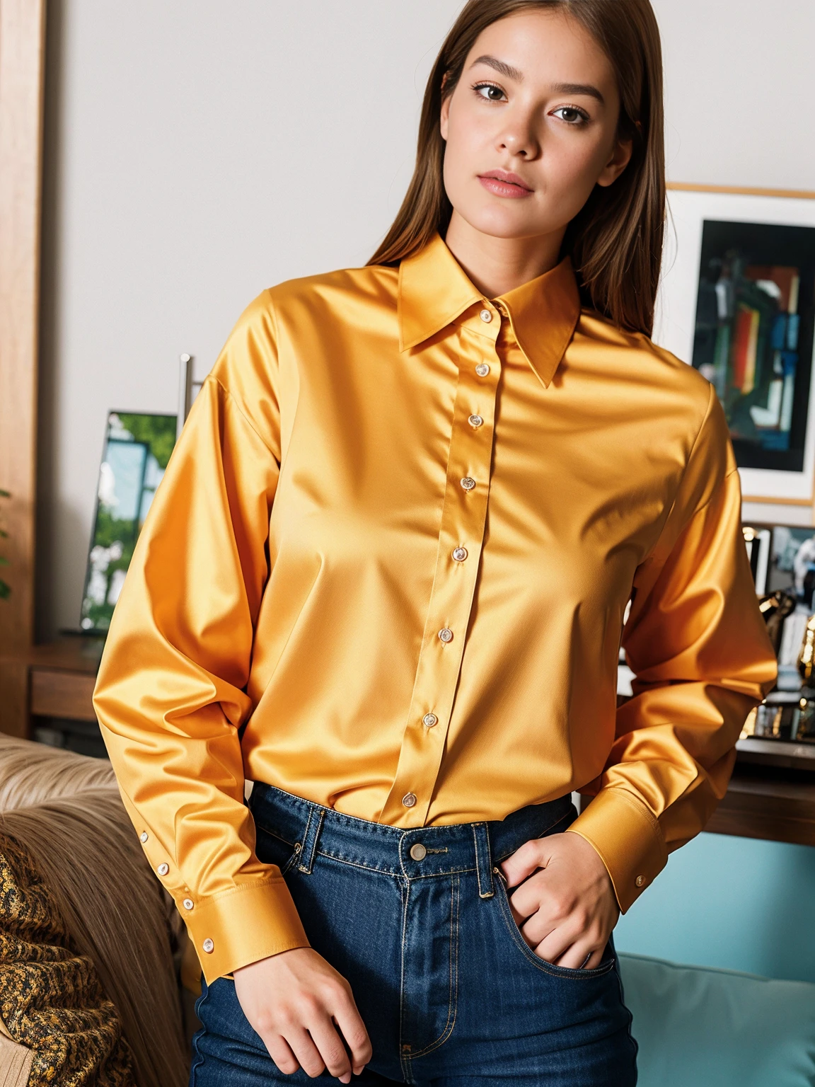 a RAW photograph of a smart looking 1girl, solo, wearing a collared shirt, long sleeves, shirt tucked in, cowboy shot, photographed on a Fujifilm XT3, 80mm F/1.7 prime lens, cinematic film still, cinestill 500T, highly detailed, masterpiece, highest quality, intricately detailed, HDR, 8k, uhd, photorealistic