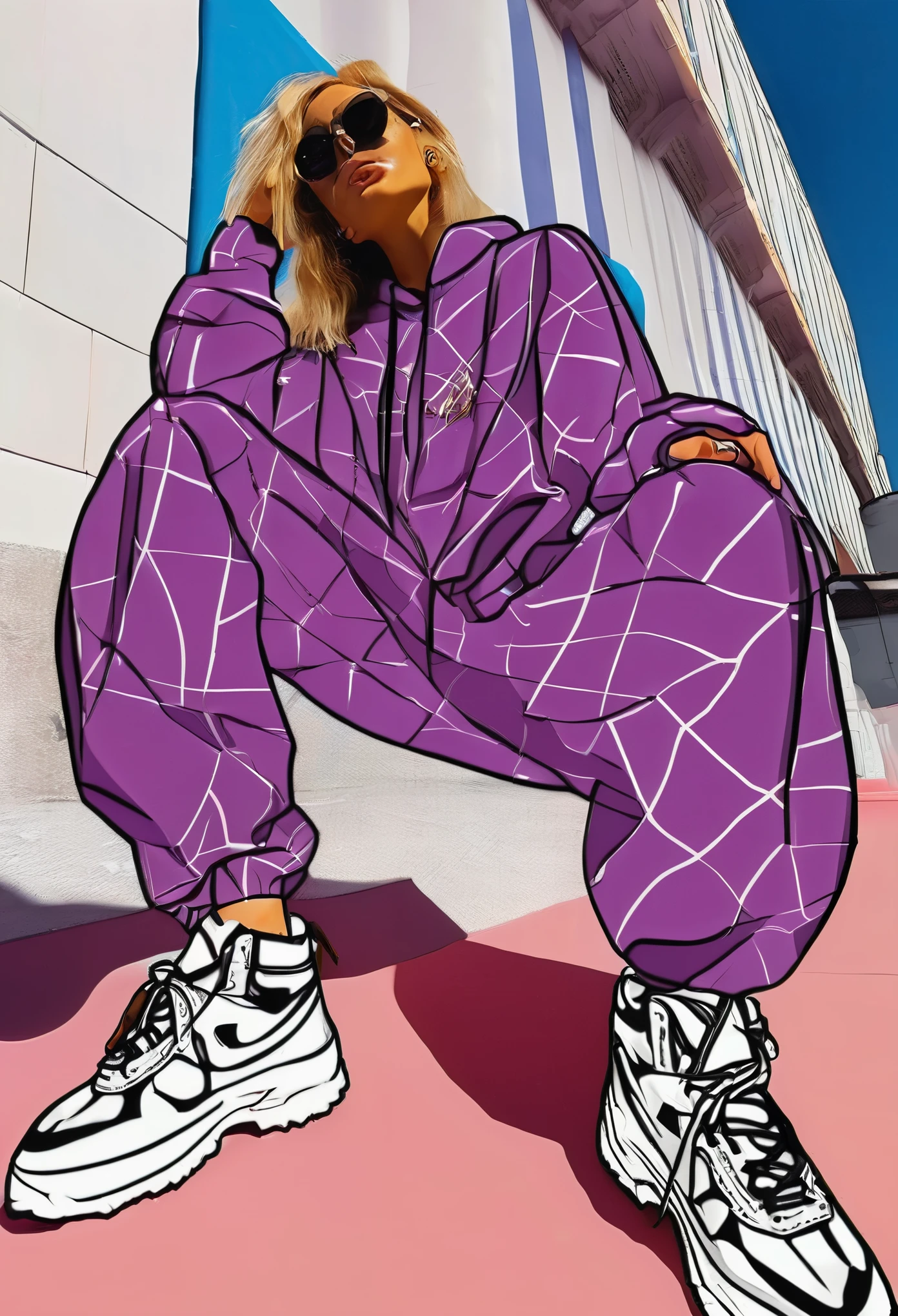 a female with sunglasses and stylish hip hop baggy tracksuit and baggy pants graphical clothes