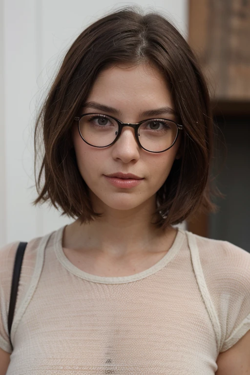 chica con cara perfecta, size 150cm, delgada con busto grande, con trasero bonito y grande, short brown hair, con lentes, Caucasian, con lenceria
