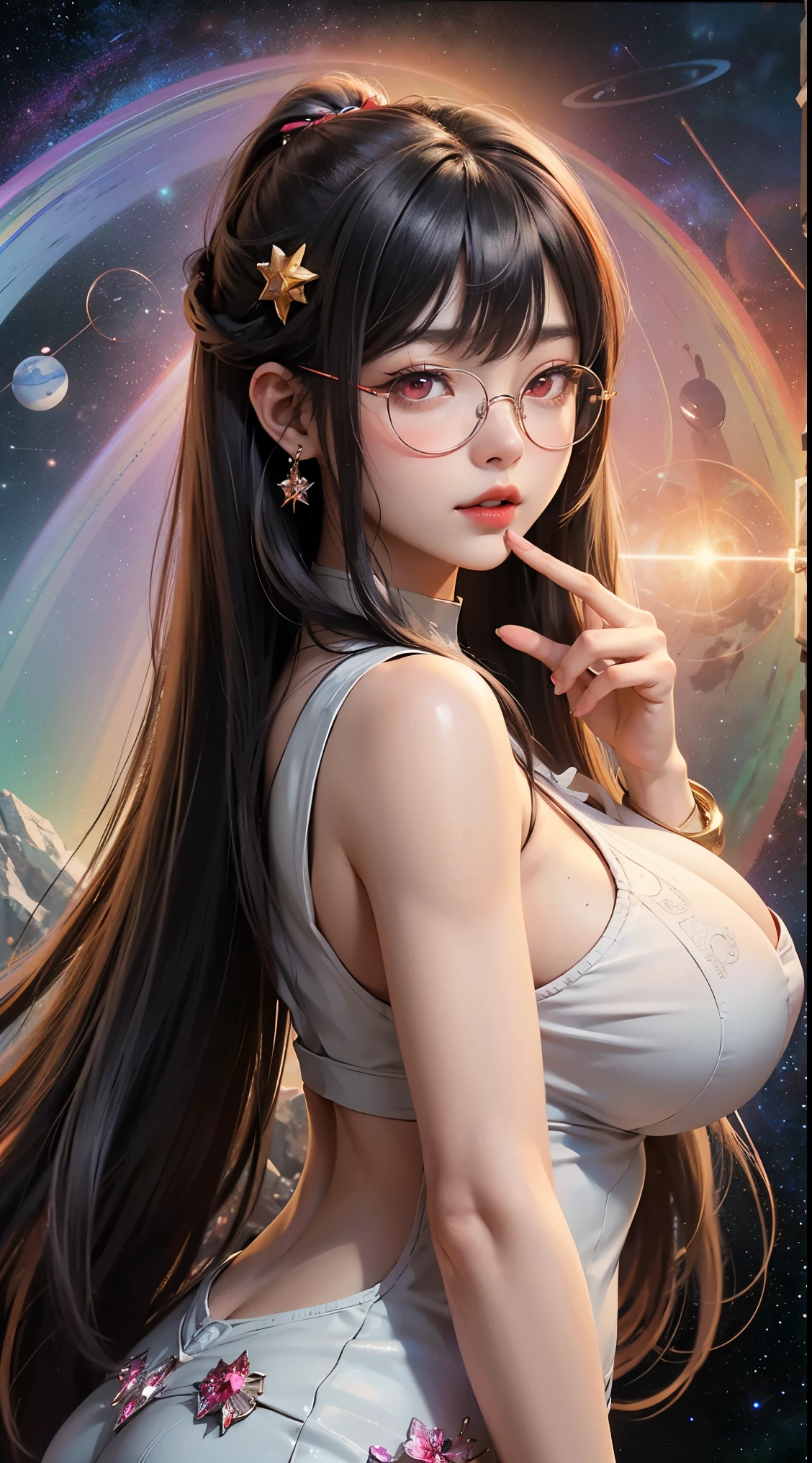 1名 27歳 woman, Understood、(best illustration)、8K UHD resolution、intricate details、最high quality、realistic、Super detailed、best writing、best shadow、soft lighting、ultra hd、dungeon and Dragon、cave、dungeon、 necromancer、night、dark style、Succubus、devil'Daughter of、bat wings,(((デーモンホーンラック縁round glasses))))、(((big breasts)))、(devil'tail)、(red eyes shine:1.6)、masterpiece、beautiful features、Tyndall effect、realisticphotograph、(high detail skin:1.2)、8KUHD、Digital single-lens reflex camera、high quality、photograph、High resolution、 absurd、Ponytail distortion、Optimal ratio of 4 fingers and 1 thumb、1 girl、hair ornaments、真っ赤に輝くgemのネックレス、gem、beautiful expression、body up、big breasts emphasis、tight waist、wide ass、Tyndall effect、Photoreal、(high detail skin:1.2)、dark and mysterious version, lipstick red lips, thin and beautiful lips, Don'Don'Don'Don'don't laugh, please shut your mouth, Characters created by Karol Baku and Pino Denis, intricate details, detailed background, very detailed, magic of light, woman, cute face, ((((giant glasses, otaku glasses, thick glasses, round glasses))))、 looking at the Upper body of the goddess , round chest, big and round chest, phoenix hair brooch, long hair with bangs, (Long hair has seven colors like a rainbow:1.9), Beautifully detailed face and well-proportioned eyes, (Crystal clear red eyes: 1.8), Big round eyes and very beautiful and detailed makeup, Visionary, long silk nightgowns, mysterious makeup, ブresponseレット, I dyed the side bangs light yellow....., Upper body, (goddess Upper body: 1.8), hanging arms, リアルで鮮やかなphotograph, (stars that make up : 1.7), ( Space-time portal of sky and imagination: 1.8), fiction art, RAWphotograph,黒い着物のphotograph, 最高のphotograph , expensive_response, 最high quality, 最高のphotograph, 8K quality, 8K ultra , surrealism, 最も経済的な本物のphotograph, Artistic portrait of 12 signs, Symbol of one of the 12 signs on the reverse side, 12 Portrait of the Goddess, 最もrealistic配色, 最高のphotograph color, masterpiece, hair ornaments, ネックresponse, jewelry, beautiful face, Upper body, Tyndall effect, photographのようにリアルな, Dark studio, border light, two tone light, (fine skin) expensive: 1.2), 8K UHD, Digital single-lens reflex camera, soft light, expensive quality, volume light, Frank, photograph, expensive responseolution, 4K quality, 8K, Bokeh, smooth and sharp, 10x more pixels, Charming goddess, sexy goddess, (background space: 1.8), (milky way: 1.7), aurora, lightning, (auroraの背景: 1.8) <roller:crazy_perfect eyes_V1_from_V1_, beautiful goddess and flowers,