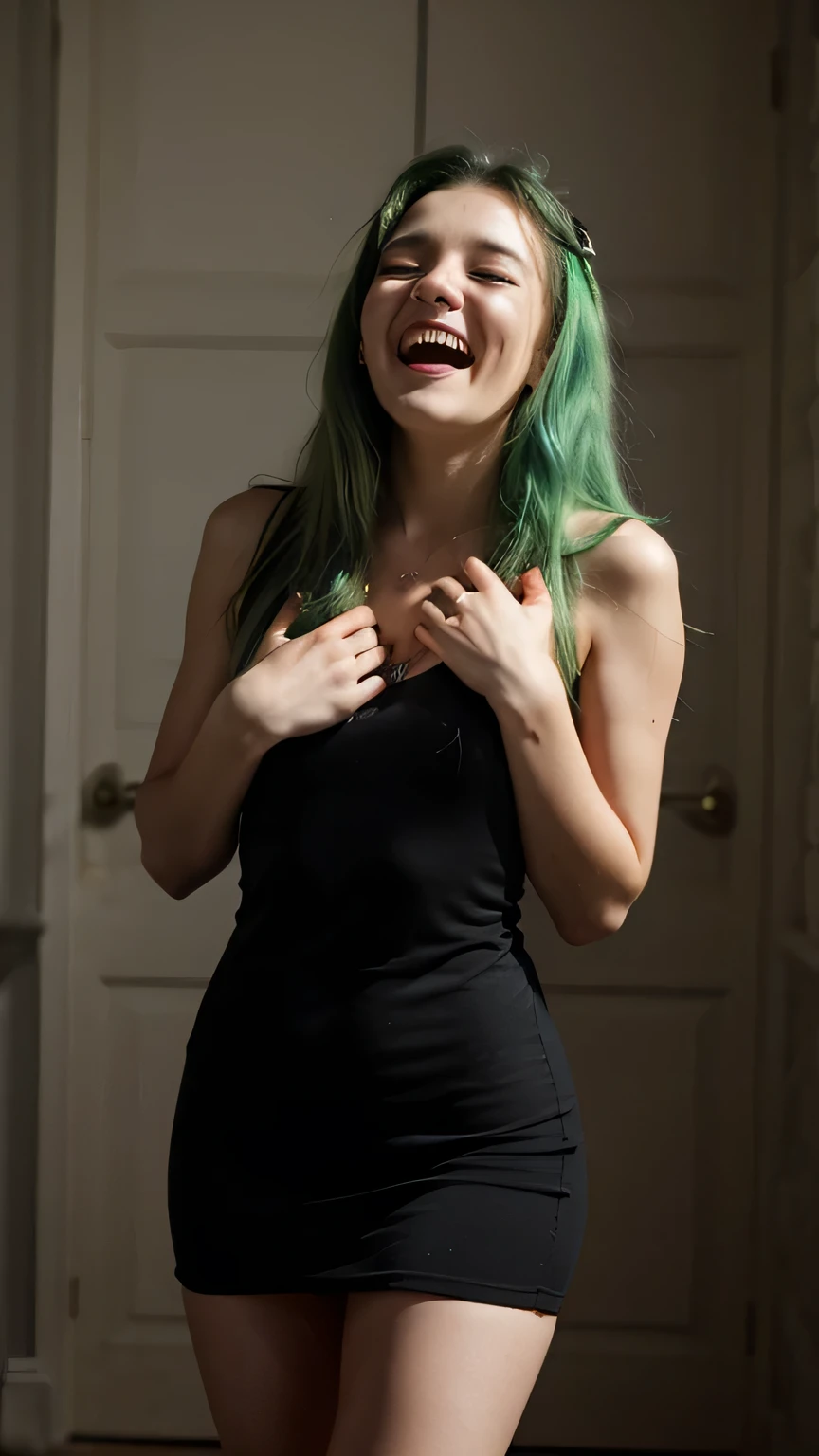 1girls, Nur, green Hair , 24 years old , Captivated by the spirit of the song, wearing a black dress, hands in her hair, a melancholic laughter.