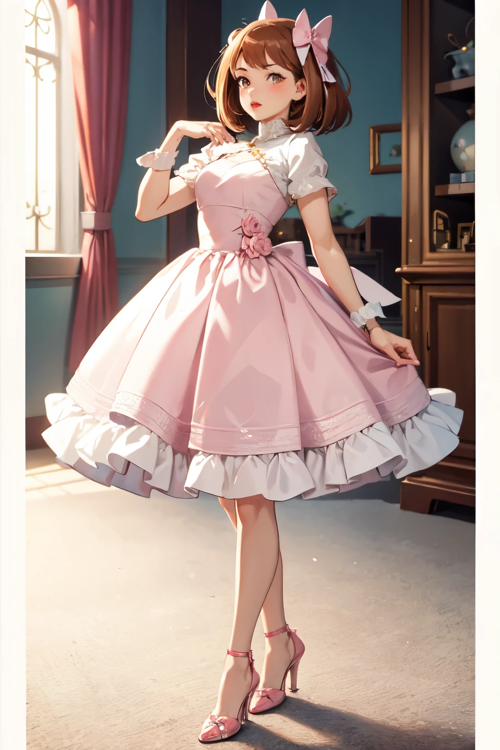 ((best quality)), ((masterpiece)), (detailed), perfect face, my hero academia, ochaco uraraka,1girl, standing, full body, cute, brown hair, short hair, golden brown eyes, two hair bangs, pink beautiful dress, detailed eyes, pink heels, pink lipstick on lips, cute girl, highly detailed, ultra detailed, soft skin, solo, soft expression, detailed hair, detailed dress, anime, 8k quality, ball gown, ball dress, bobbed hair with baby bangs, two longer parts of hair on the side of face, blush on cheeks, extremely detailed anime brown eyes, pink bow on hair, singing, idol, luxury room