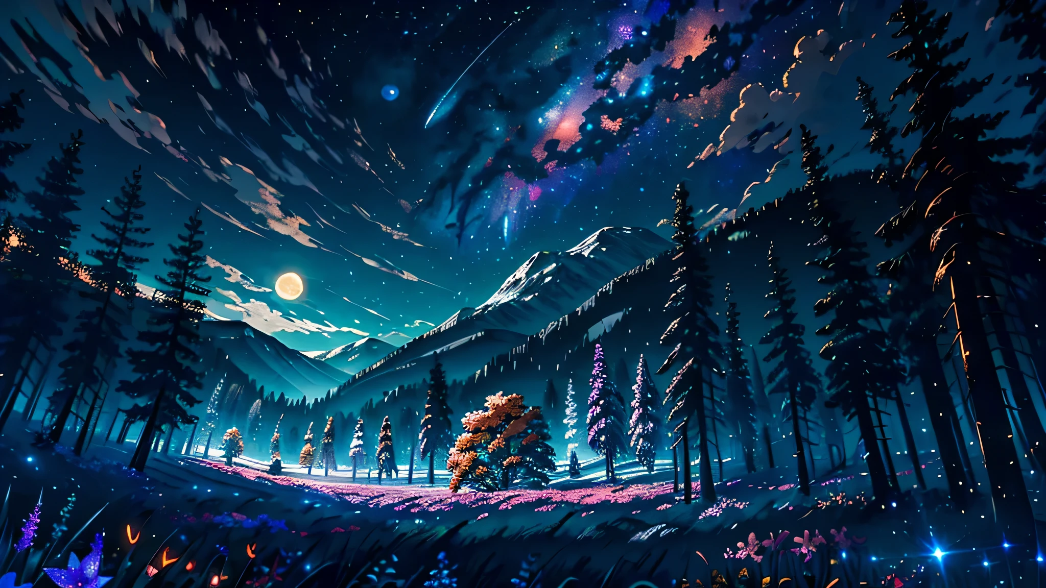 Expansive landscape photograph, (view from below with a view of the sky and the wilderness below),  standing in a flower field looking up, (full moon: 1.2), (shooting star: 0.9), (nebula: 1.3), distant mountain, tree break production art, (warm light source: 1.2), (firefly: 1.2), lamp, purple and orange, intricate detail, volume lighting BREAK (masterpiece: 1.2), (highest quality ), 4k, ultra-detailed, (dynamic configuration: 1.4), highly detailed and colorful details (iridescent: 1.2), (sparkling lighting, atmospheric lighting), dreamy, magical, (solo: 1.2)