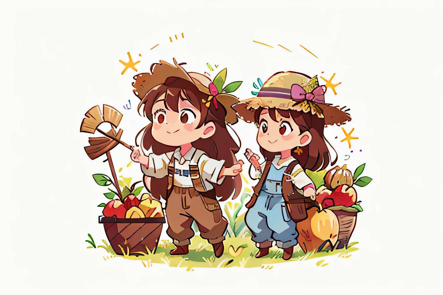 Girl with long brown hair,Put on the farmer suit,(With straw hat),in apple orchard,colorful,Dance(with love)happy,bumper harvest(surrounded by love),O sign,vector,line art,design,inspiration,straight line,RHAD