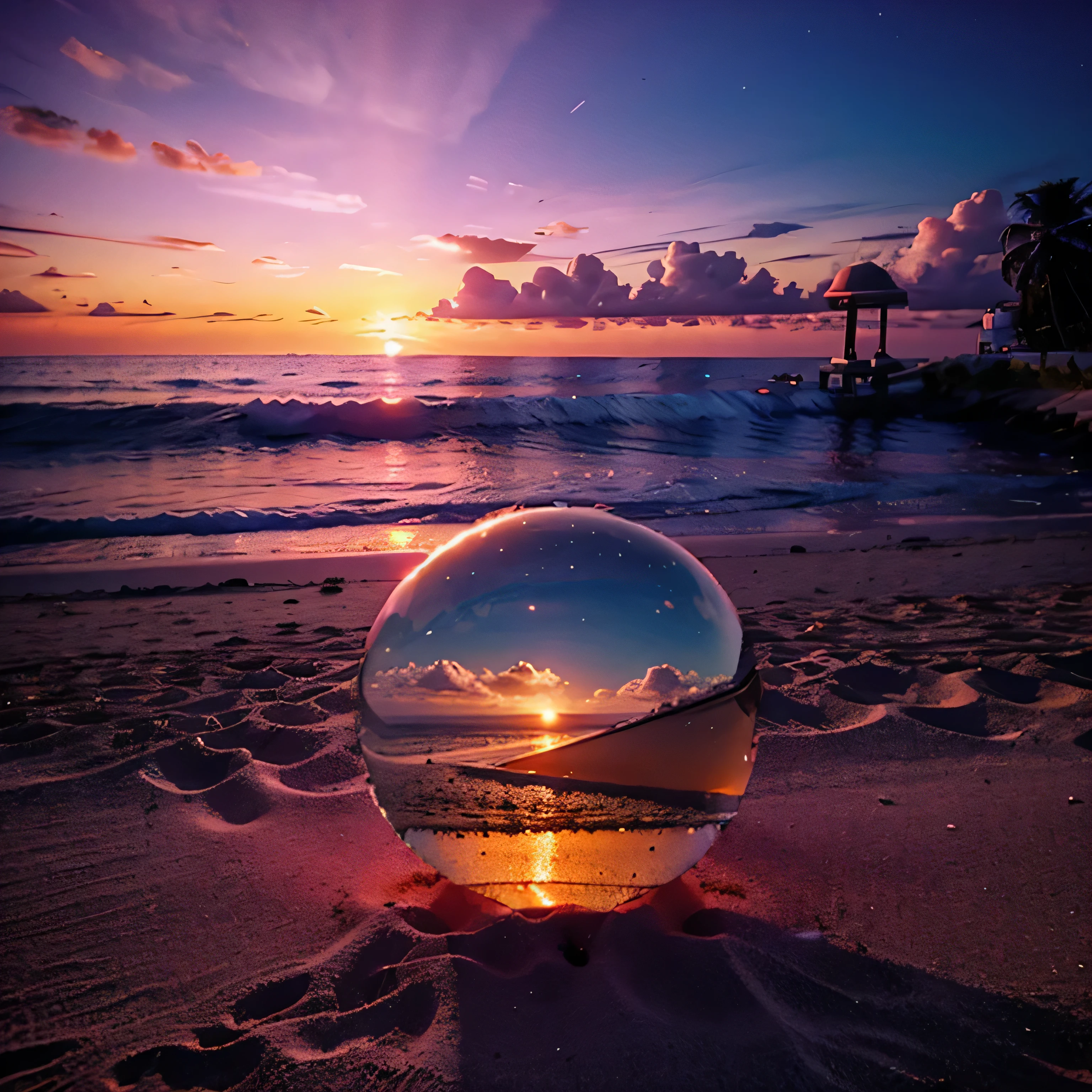 glass sphere, beach, 3d art, ray tracing