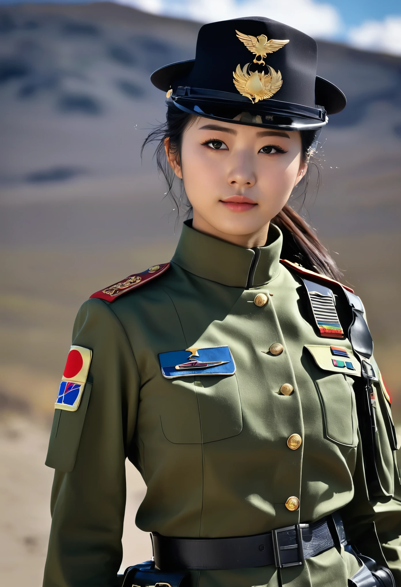 Highest image quality, outstanding details, ultra-high resolution, (realism: 1.4), ((close up:0.55)), the best illustration, favor details, highly condensed 1lady, 40 years old, with beautiful and a delicate face, ((straight standing, chubby:0.2)), ((short-hair, updo-style)), (wearing manner military uniform and military hat), captain, background simple grey wall,