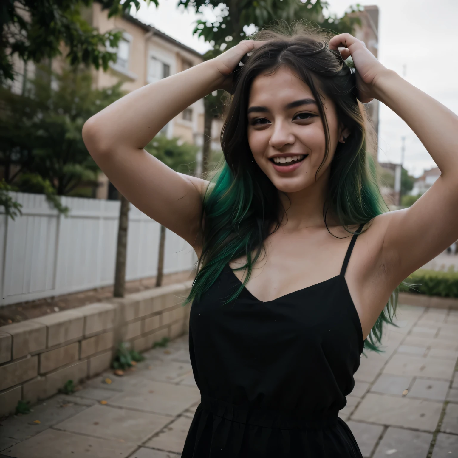 1girls, Nur, green Hair , 24 years old , Captivated by the spirit of the song, wearing a black dress, hands in her hair, a melancholic laughter.