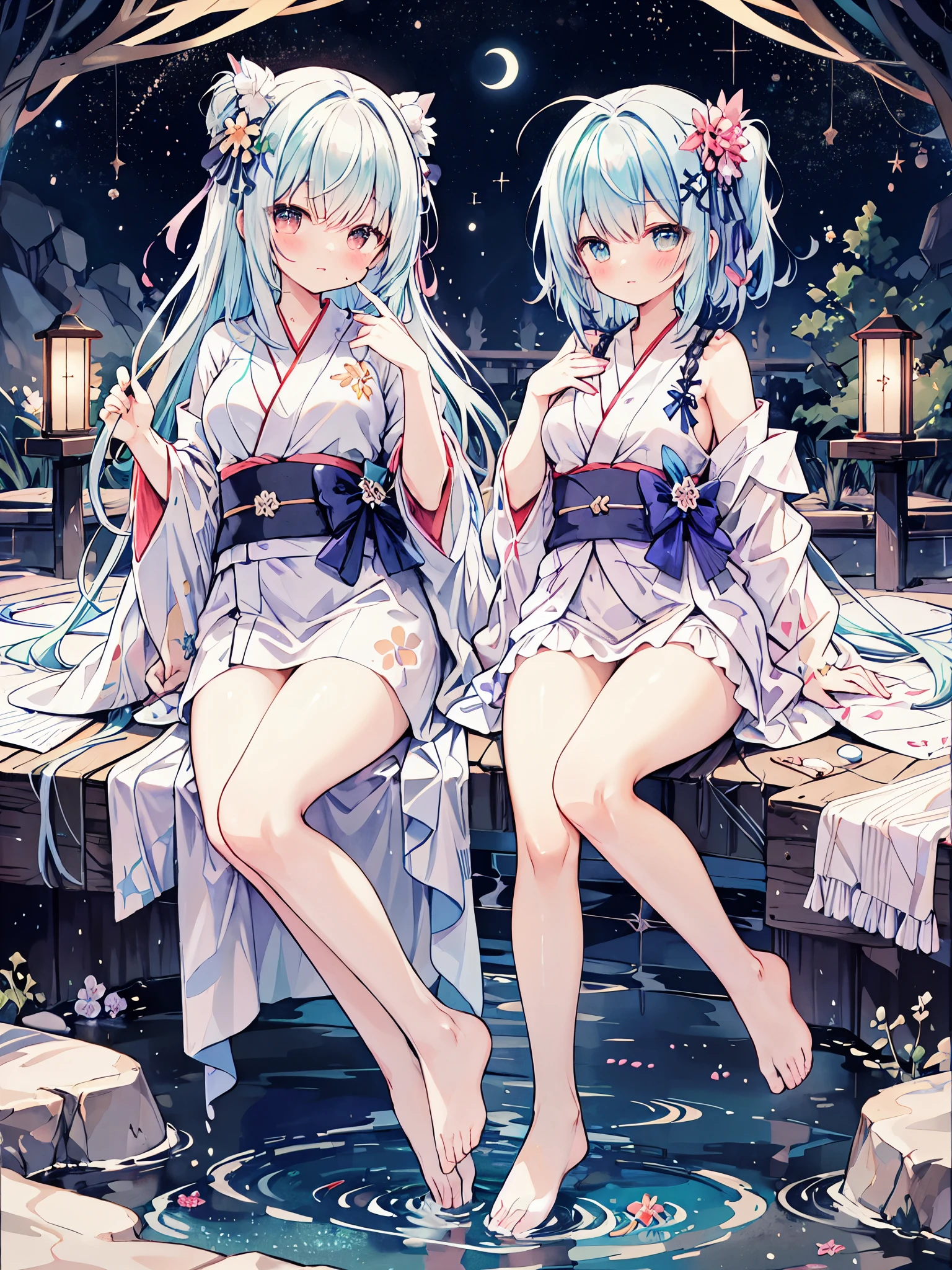 （masterpiece）、(highest quality)、((Super detailed))、(super delicate)、pastel colored hair、beautiful breasts、yukata、Hot spring at night、fantastic starry sky