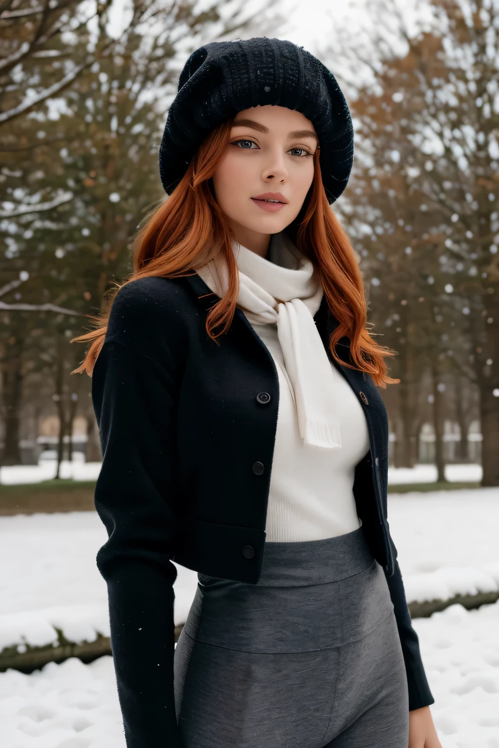 1 fille dans, 19 ans, seulement, Aesthetic work, rousse irlandaise, wavy red hair, cheveux roux mi-longs, yeux gris, yeux gris clair, quelques petites taches de rousseur, pale skin, Une tasse, gros seins, E cup, giant tits, bonnet e, corps des coureurs, (textured skin, pores de la peau:1.1), (taupes:0.8), peau imparfaite, chair de poule, dehors dans le parc de la ville, Chemin de pierre, Neige, end of year weather'automne, (Fond d'extremely detailed 8k screen), soft lighting, high quality, grain de film, Mise au point nette du Fujifilm XT3, f5.6, 50mm, high detail, sharpness,(natural light), (veste d'hiver noire: 1.3), pull-over, leggings, crazy details, intricate details, super detailed, porter leggings de sport bleu