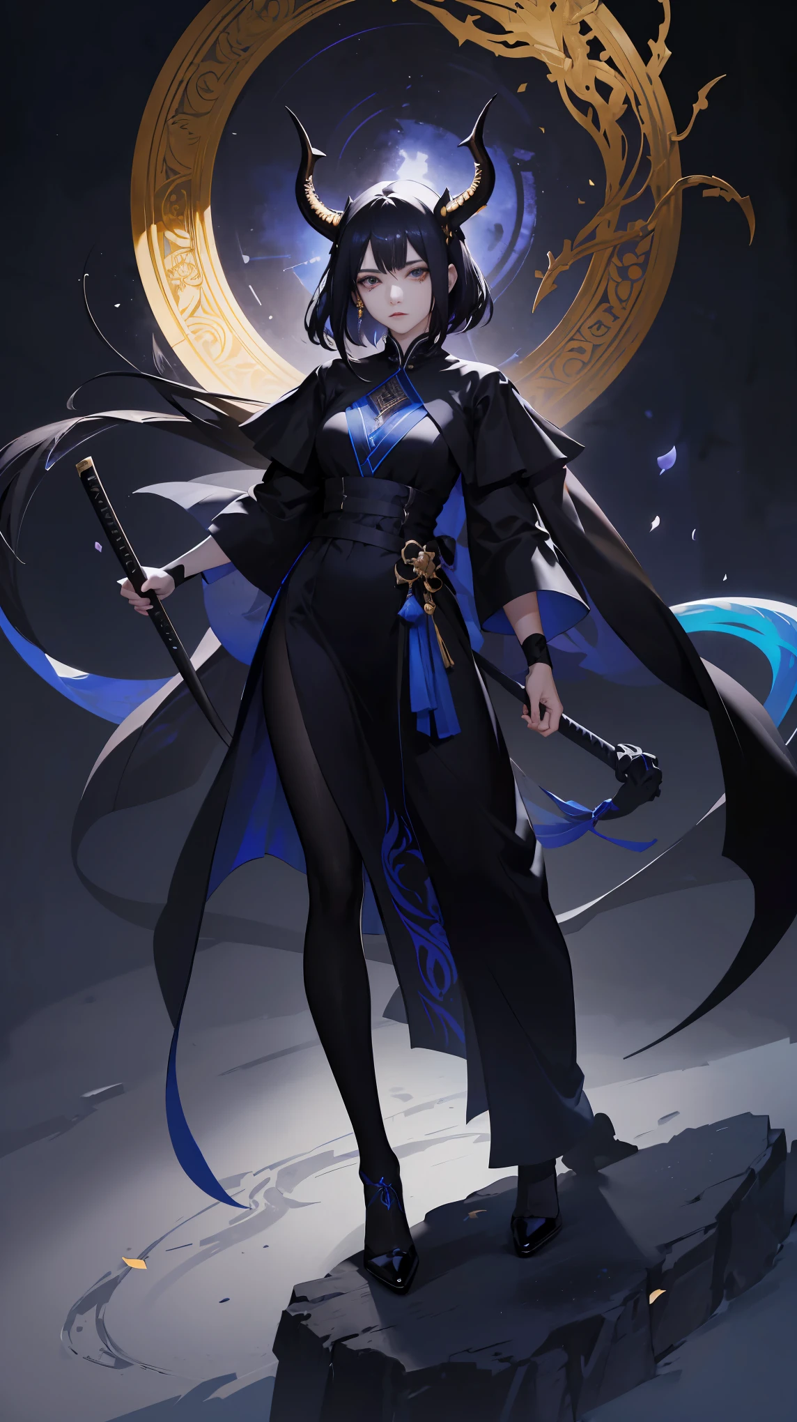 Seven Rhaeyar (Deylta), Ancient Star goddess, Perfect female anatomy (Adult Female, 166cm in height, pale skin, slim, slender, 34D breast size, Gray Eyes, Long Black Hair, Beauty Mark Mole on right cheek bone, a set of black horns on her head), Neutral facial expression, Elegant white, black and blue dress female uniform dress with gold and rope accessories and dragon motifs, Black background, receiving light from the front, Ethereal glow, blue petals, wielding her black bladed katana