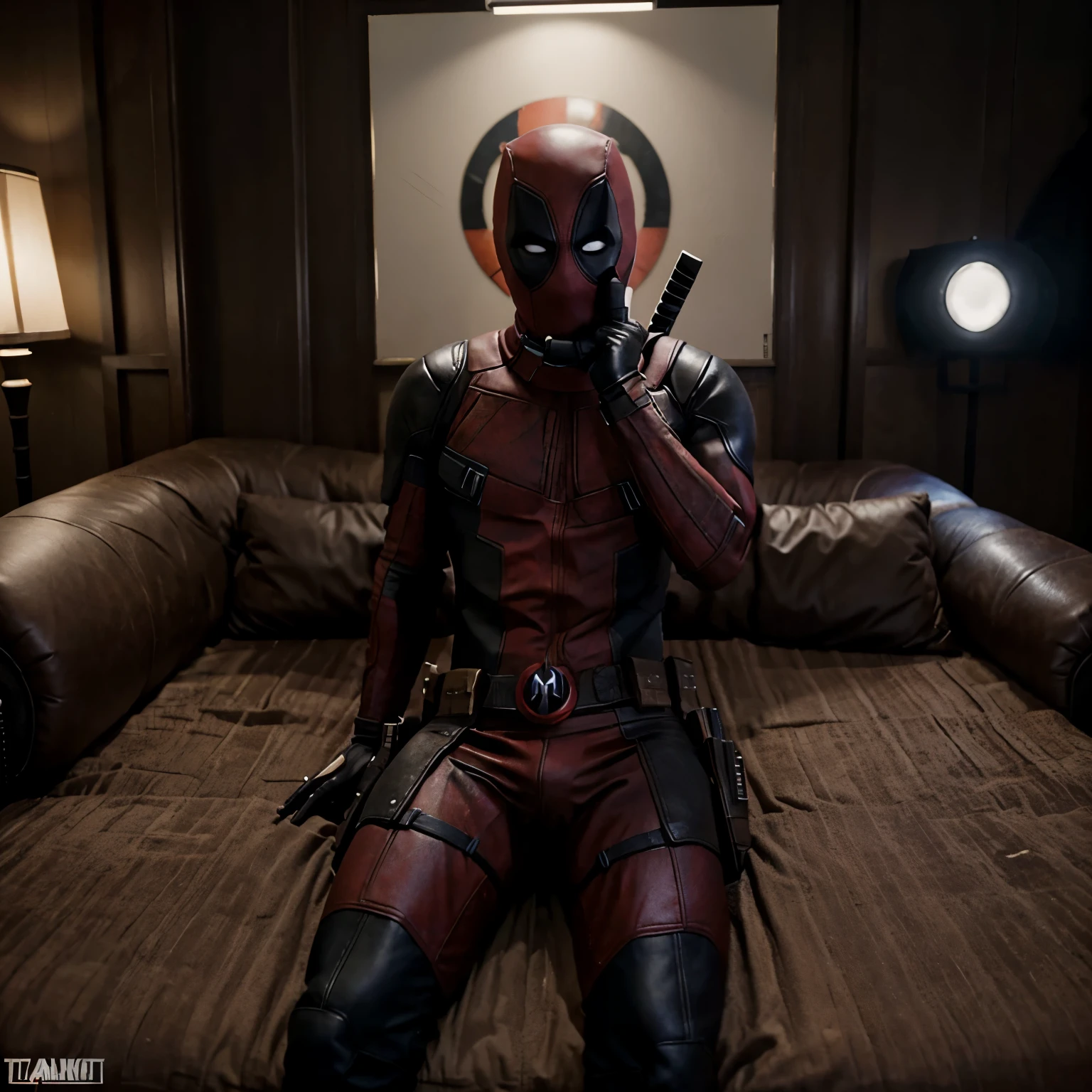 Deadpool imagen post apocaliptica sentado sobre un sillon de craneos bajo una lluvia de balas