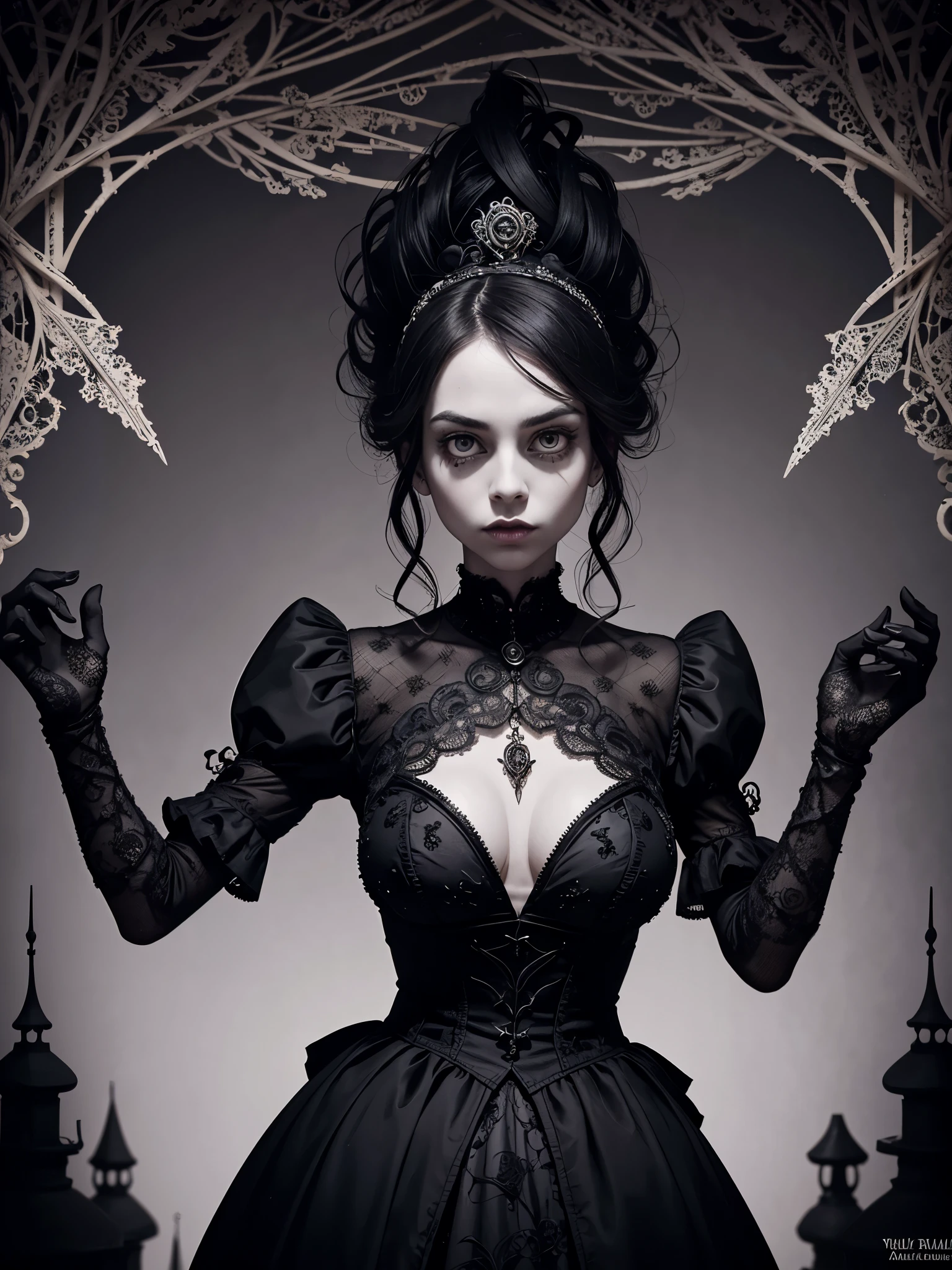 Fabergé eggs, Tim Burton style, dark surreal, intricate design, twisted characters, gothic elements, whimsical details, ornate patterns, macabre atmosphere, exaggerated proportions, hauntingly beautiful, eerie lighting, black and white with hints of vibrant colors, contrasting textures, surrealistic landscape, intricate engravings, mysterious aura, exquisite craftsmanship, whimsical creatures, Victorian era inspiration, dramatic shadows, offbeat and unconventional, hauntingly elegant