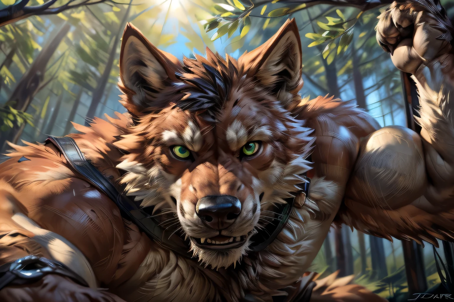 muscular feral:1.2 werewolf, posing for the camera. 4k, high resolution, best quality, perfect colors, perfect shadows, perfect lighting, posted on e621, orange furry body, orange fur, white chest, black beard, feral wolf, werewolf, solo, male, adult, green eyes, realistic eyes, looking at camera, masculine, (muscular, dense build:1.4, muscular shoulders, strong pecs), correct anatomy, dad body, (photorealistic fur, detailed fur, epic, masterpiece:1.2), (detailed forest, flexing his biceps up (sunshine:1.2), presuming, sexy shadows, (by echin, by Taran Fiddler, by takemoto arashi, by Traver009, by Juiceps), (detailed eyes:1.2), impressive physique, struggling, bothered face, exhausted, detailed eyes, looking at camera, (close-up):1