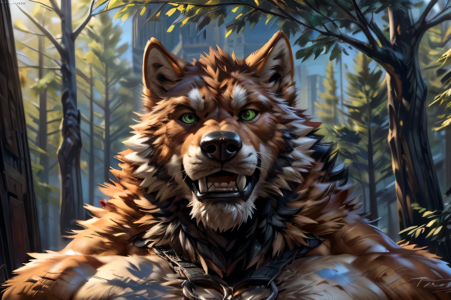 muscular feral:1.2 werewolf, posing for the camera. 4k, high resolution, best quality, perfect colors, perfect shadows, perfect lighting, posted on e621, orange furry body, orange fur, white chest, black beard, feral wolf, werewolf, solo, male, adult, green eyes, realistic eyes, looking at camera, masculine, (muscular, dense build:1.4, muscular shoulders, strong pecs), correct anatomy, dad body, (photorealistic fur, detailed fur, epic, masterpiece:1.2), (detailed forest, flexing his biceps up (sunshine:1.2), presuming, sexy shadows, (by echin, by Taran Fiddler, by takemoto arashi, by Traver009, by Juiceps), (detailed eyes:1.2), impressive physique, bothered face, exhausted, detailed eyes, looking at camera, (close-up):1