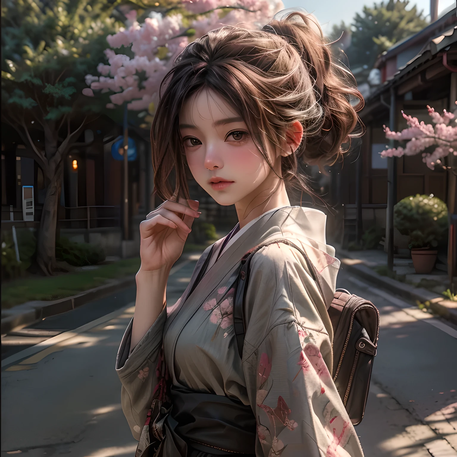 ((masterpiece, highest quality, Highest image quality, High resolution, photorealistic, Raw photo, 8K)), Spring Morning, In a rural Japanese town, students head for the train station along a road lined with cherry blossom trees