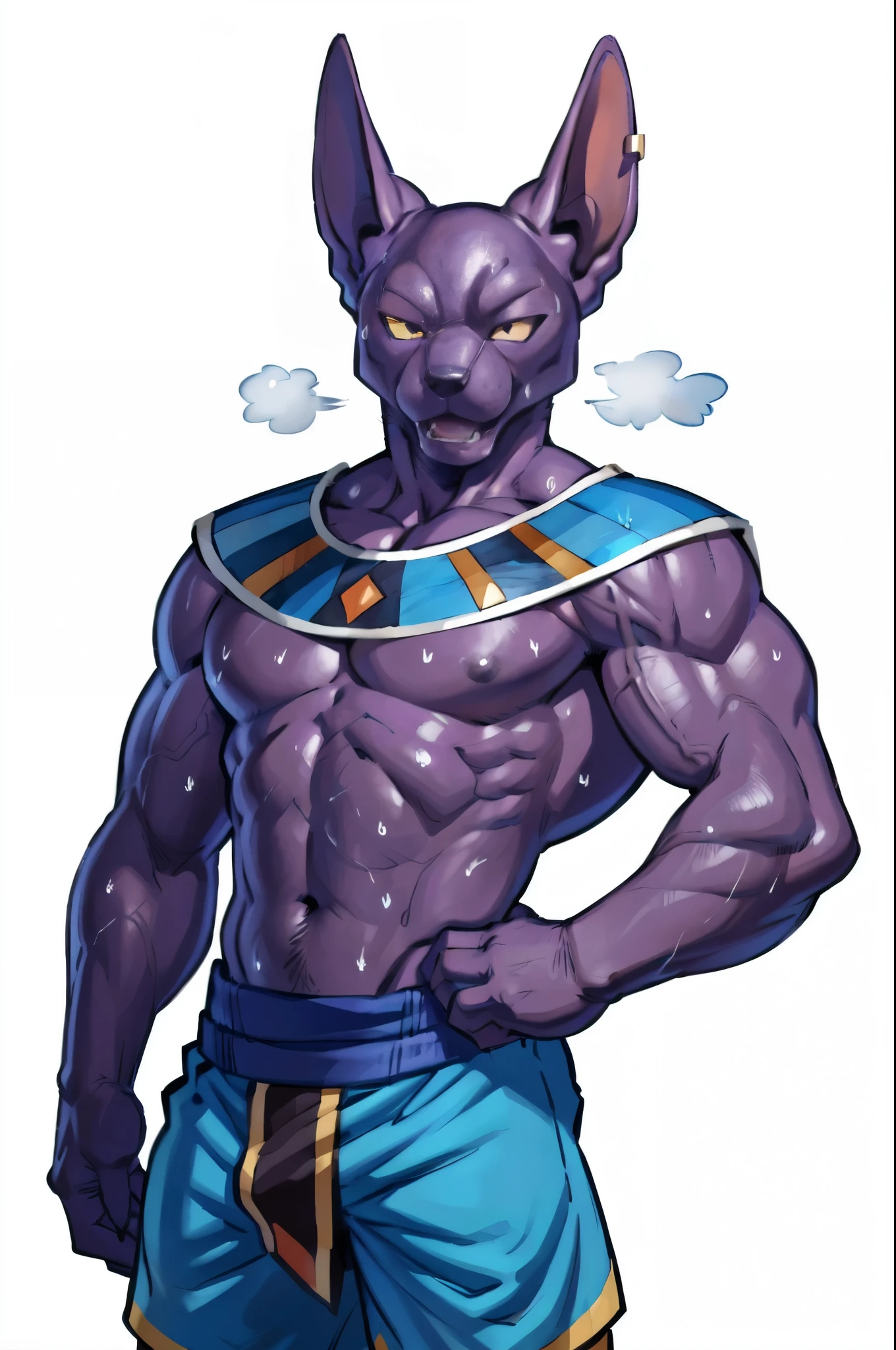 Beerus (dragonball), anthro feline. 4k, high resolution, best quality, posted on e621, solo, full height, anthro body, older male, masculine:1, male, very masculine, slim:1, skinny:1.6, ripped:1.2 muscles, (correct anatomy):1, huge torso, (white background, no background:1.2), (bare torso:1.1), white fur, bare chest, (wearing shorts), gloves, (detailed eyes:1.2), rough muzzle, sexy, (cel shaded:1.2), (sweat:1.5), visible breath, sweat:1, (watercolors:1.2), confident, proud, (vascular, veins:1.1), (full body):1, flustered, cute, manly, flexing, (by takemoto arashi, by meesh, by Taran Fiddler)