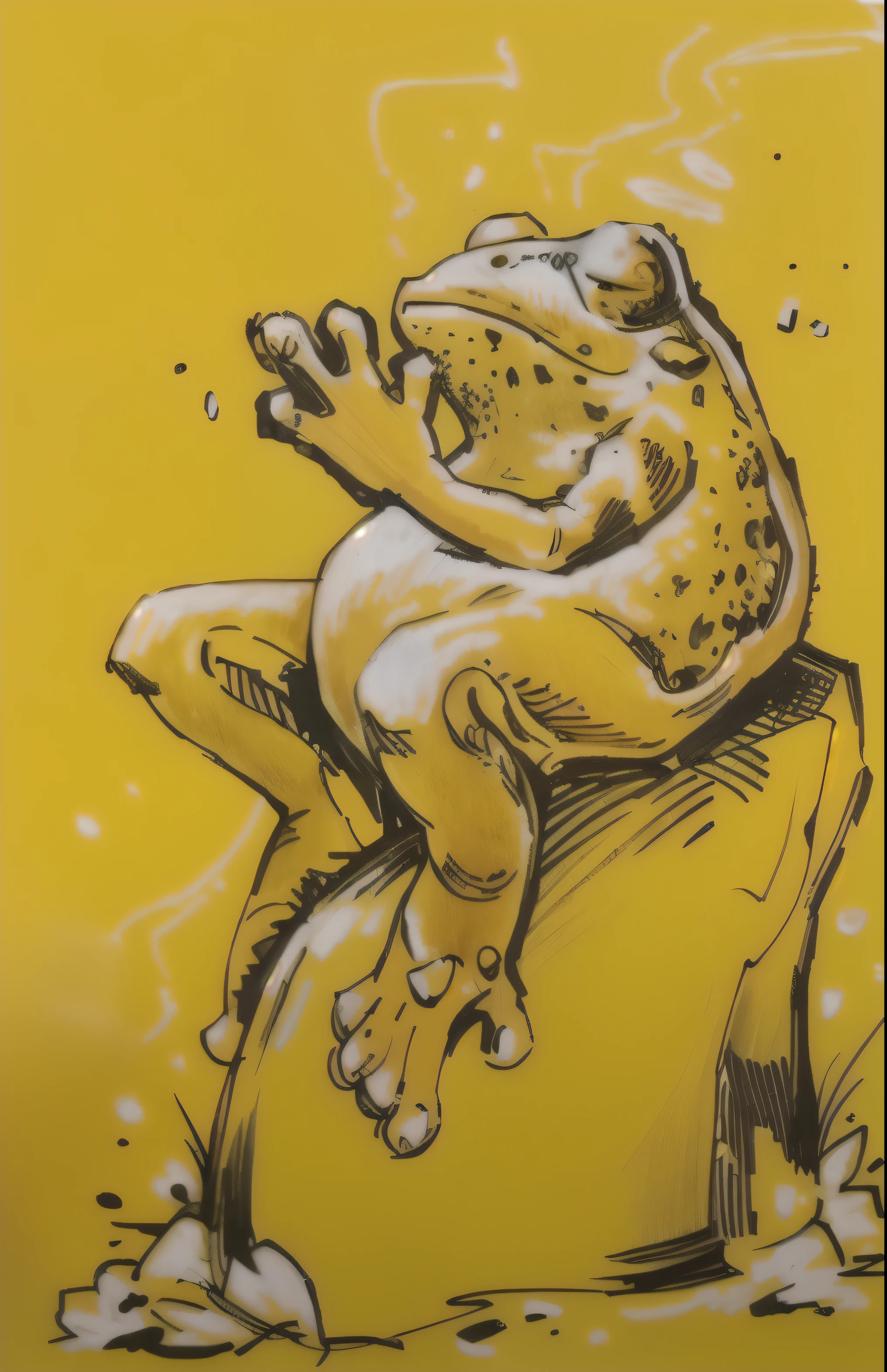 a close up of a drawing of a sapo on a rock, sapo muito detalhado, toad philosopher the thinker, sapo perspective, sapo, toad, hand drawn illustration, portrait of a sapo, estilo de desenho tradicional, Ralph Steadman style, Brian Kesinger •, psychedelic sapo, Ralph Steadman, desenhar com tablet wacom, cyberpunk sapo, sapo grande