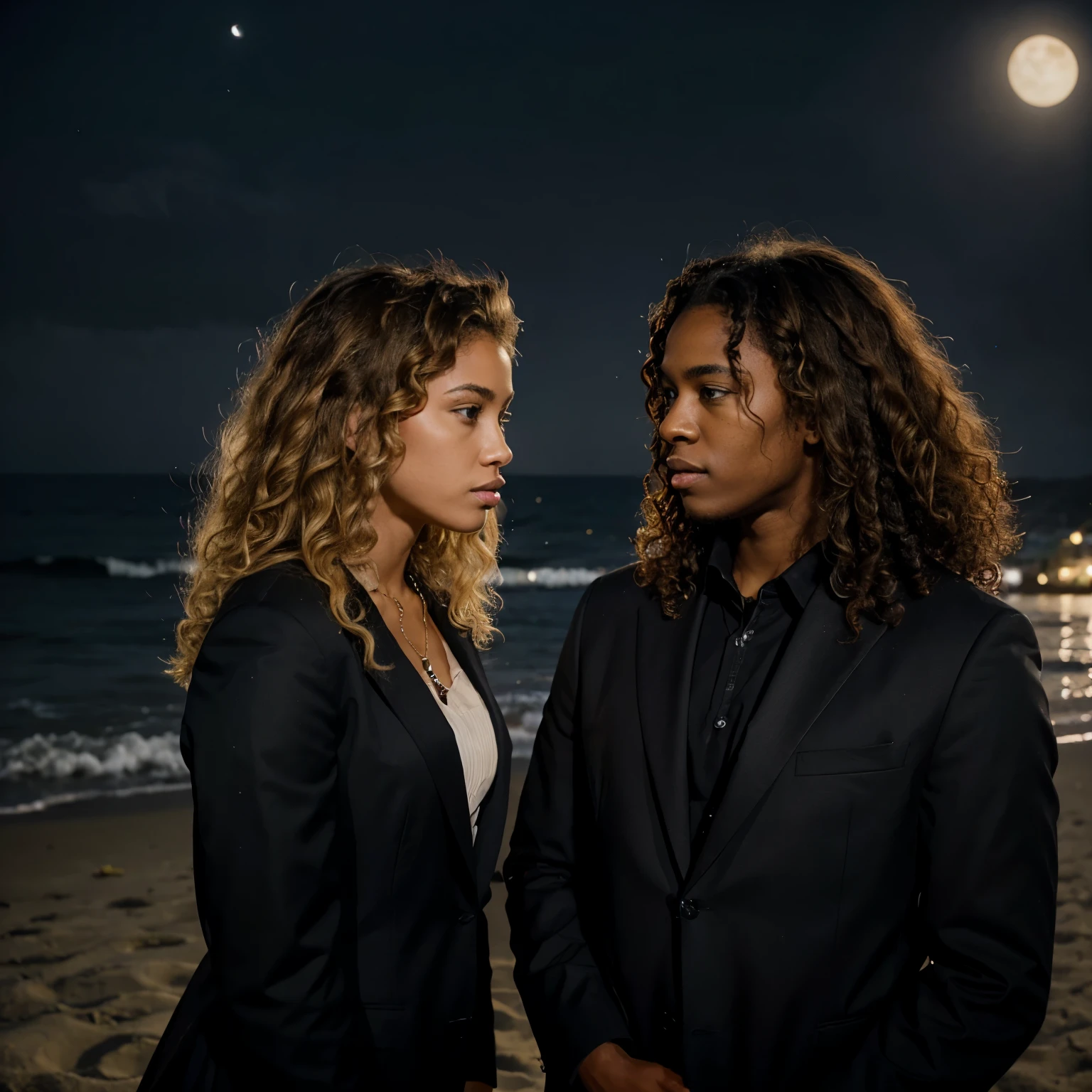 Black male with blond hair wearing a black suit, staring at a black girl with curly hair, the girl is staring at the moon. Its a dark night at the beach