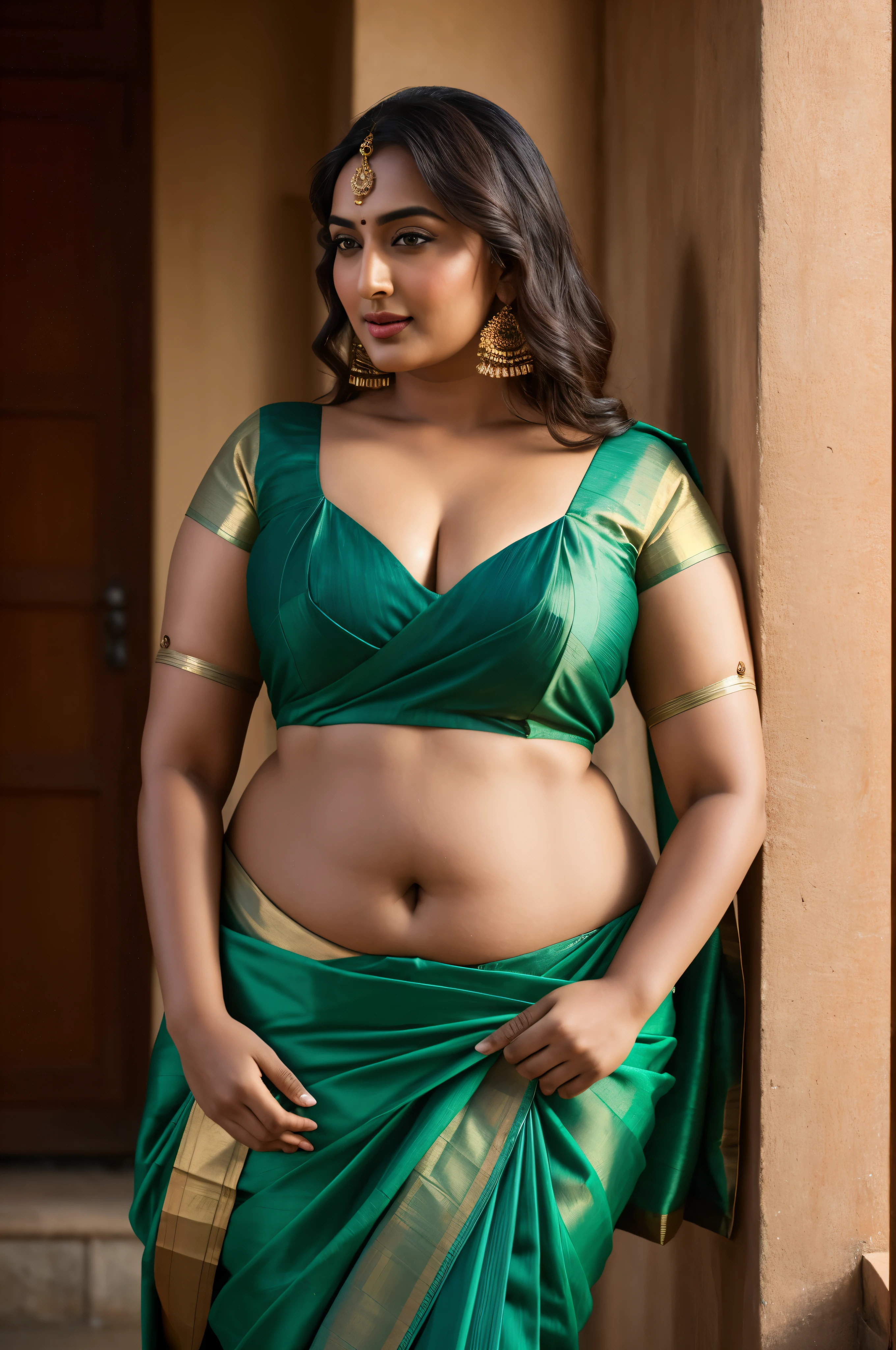 Foto RAW, photorealistic, photography, full body shot, master shot, perfect eyes, goddess like beauty, pierced eyes, perfect thick chubby mallu Desi aunty bhabhi, Wearing a Stanapatta, a chest-band.Saree model, model Photography, Indian saree shoot, Indian traditional wear advertising photography, traditional wear brand shoot, face of Indian actress Sonakshi Sinha, masterpiece, realistic, realism, incredible details,  pleasure, photorealism, detailed skin, skin pores, high contrast, photorealistic Artstation 8k HD digital art trend of high definition and detailed realistic skin texture, ultra detail, realistic skin texture, armature, best quality, ultra high definition, (photorealistic:1.4),, high resolution, detail, raw photo, sweat, Re sharp, by Lee Jefferies Nikon D850 Film Stock Photo 4 Kodak Portra 400 Camera F1.6 Lens Rich Color Ultra Real Realistic Realistic Textures Dramatic Lighting Unreal Engine Trending at Art Station Cinestill 800,(pele altamente detalhada: 1.2), 8k UHD, DSLR, soft-lighting, alta qualidade, grain of film, Fujifilm XT3,she didn't like to wear blouse or bra, she is happy to wear only saree, she hates blouse or bra, detailed hairy armpits,