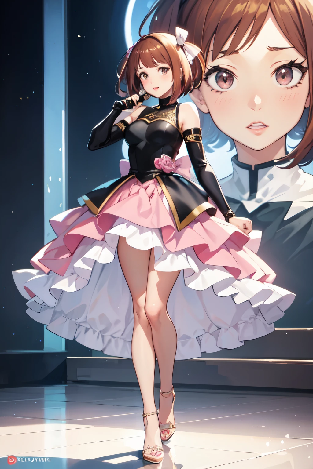 ((best quality)), ((masterpiece)), (detailed), perfect face, my hero academia, ochaco uraraka,1girl, standing, full body, cute, brown hair, short hair, golden brown eyes, two hair bangs, pink beautiful dress, detailed eyes, pink heels, pink lipstick on lips, cute girl, highly detailed, ultra detailed, soft skin, solo, soft expression, detailed hair, detailed dress, anime, 8k quality, ball gown, ball dress, bobbed hair with baby bangs, two longer parts of hair on the side of face, blush on cheeks, extremely detailed anime brown eyes, pink bow on hair, singing, idol, luxury room