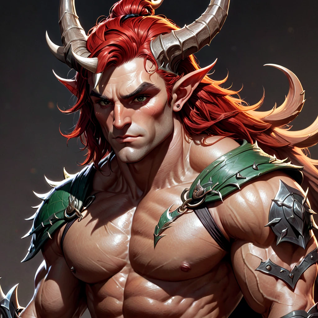 Dungeons & Dragons, aesthetic, dungeons and dragons, Character design sheet of male half elf horned warrior, bodybuilder physique, red hair, 4k, concept art, in nets of thorns, extreme detail, detailed drawing, trending artstation, hd, sport, d & d, realistic lighting, by Alphonse Mucha, Greg Rutkowski, sharp focus, backlit, soldier clothing