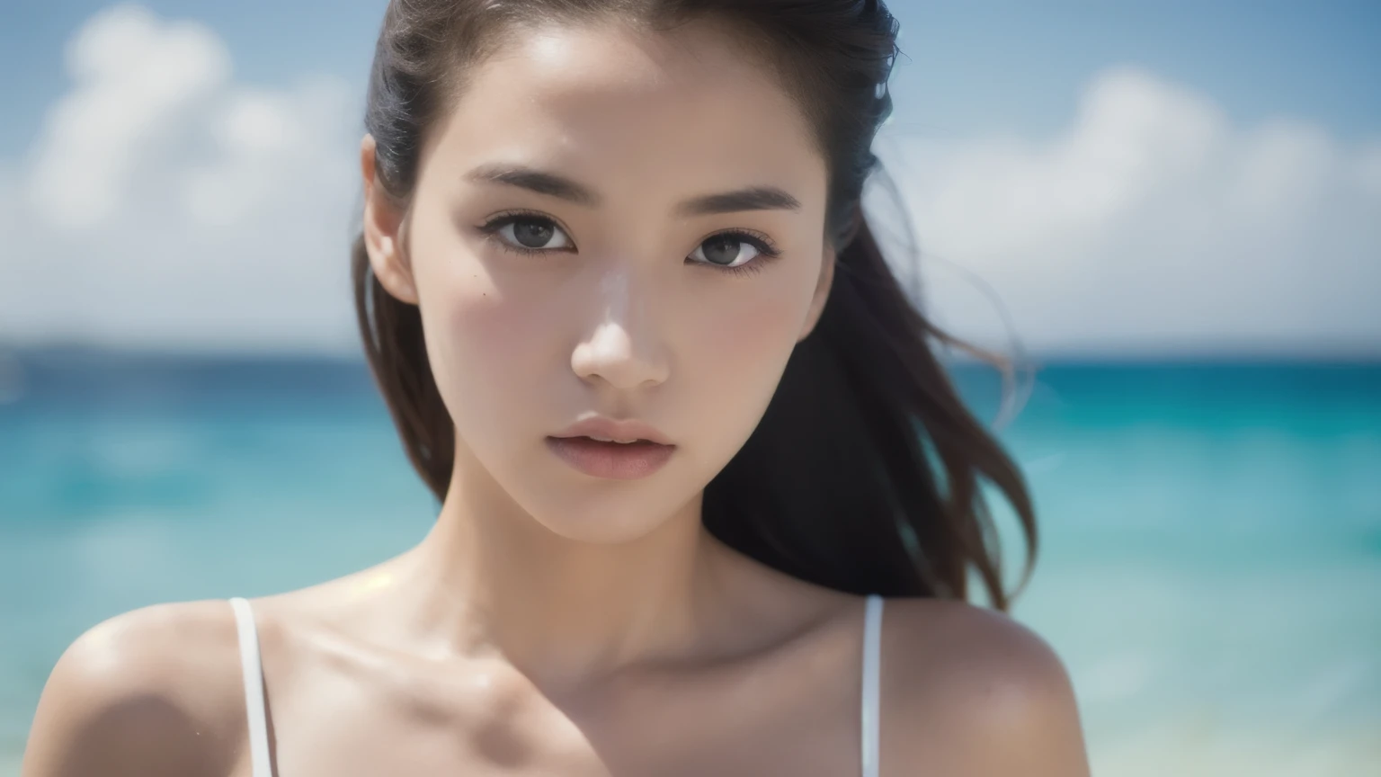 (Subsurface scattering:1.5)(japanese woman laying on clouds wearing a white Dress:1.5)matte photo, whiplash lines, style raw (dynamic angle:1.5)(best quality)( 8k)(detailed face:1.5)(high resolution:2.0)(five fingers)