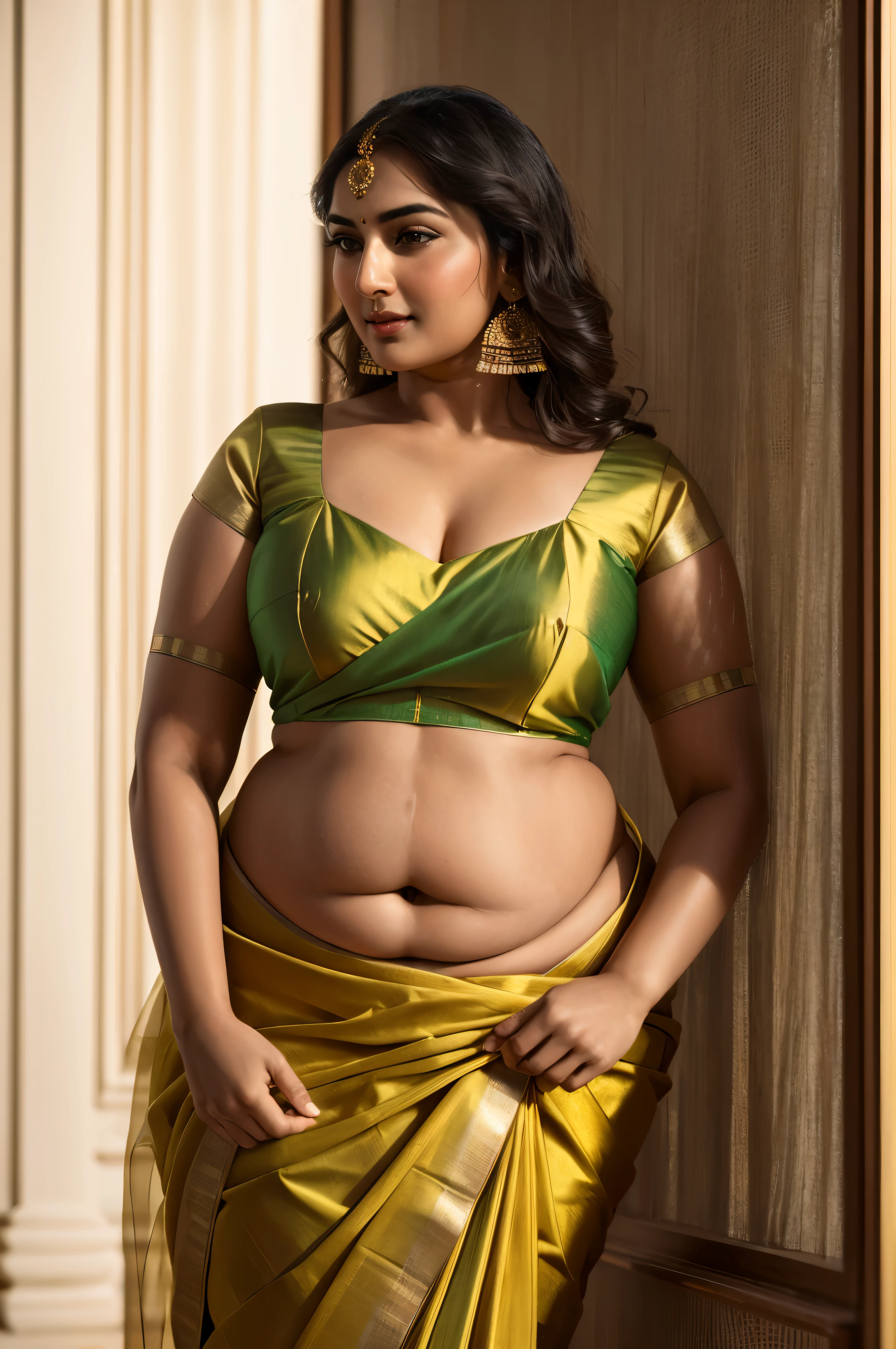 Foto RAW, photorealistic, photography, full body shot, master shot, perfect eyes, goddess like beauty, pierced eyes, perfect thick chubby mallu Desi aunty bhabhi, Wearing a Stanapatta, a chest-band.Saree model, model Photography, Indian saree shoot, Indian traditional wear advertising photography, traditional wear brand shoot, face of Indian actress Sonakshi Sinha, masterpiece, realistic, realism, incredible details,  pleasure, photorealism, detailed skin, skin pores, high contrast, photorealistic Artstation 8k HD digital art trend of high definition and detailed realistic skin texture, ultra detail, realistic skin texture, armature, best quality, ultra high definition, (photorealistic:1.4),, high resolution, detail, raw photo, sweat, Re sharp, by Lee Jefferies Nikon D850 Film Stock Photo 4 Kodak Portra 400 Camera F1.6 Lens Rich Color Ultra Real Realistic Realistic Textures Dramatic Lighting Unreal Engine Trending at Art Station Cinestill 800,(pele altamente detalhada: 1.2), 8k UHD, DSLR, soft-lighting, alta qualidade, grain of film, Fujifilm XT3,she didn't like to wear blouse or bra, she is happy to wear only saree, she hates blouse or bra, detailed hairy armpits,