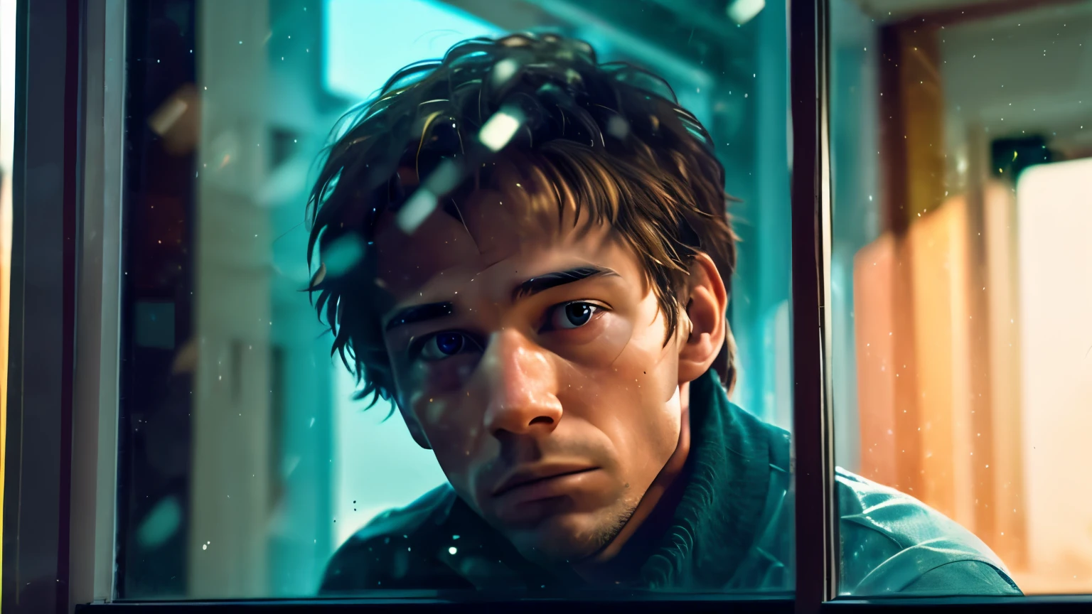 Lonely man looking out the window: Lucas is in his house, looking out the window at the busy street outside. His facial expression reveals sadness and loneliness as he watches people passing by.