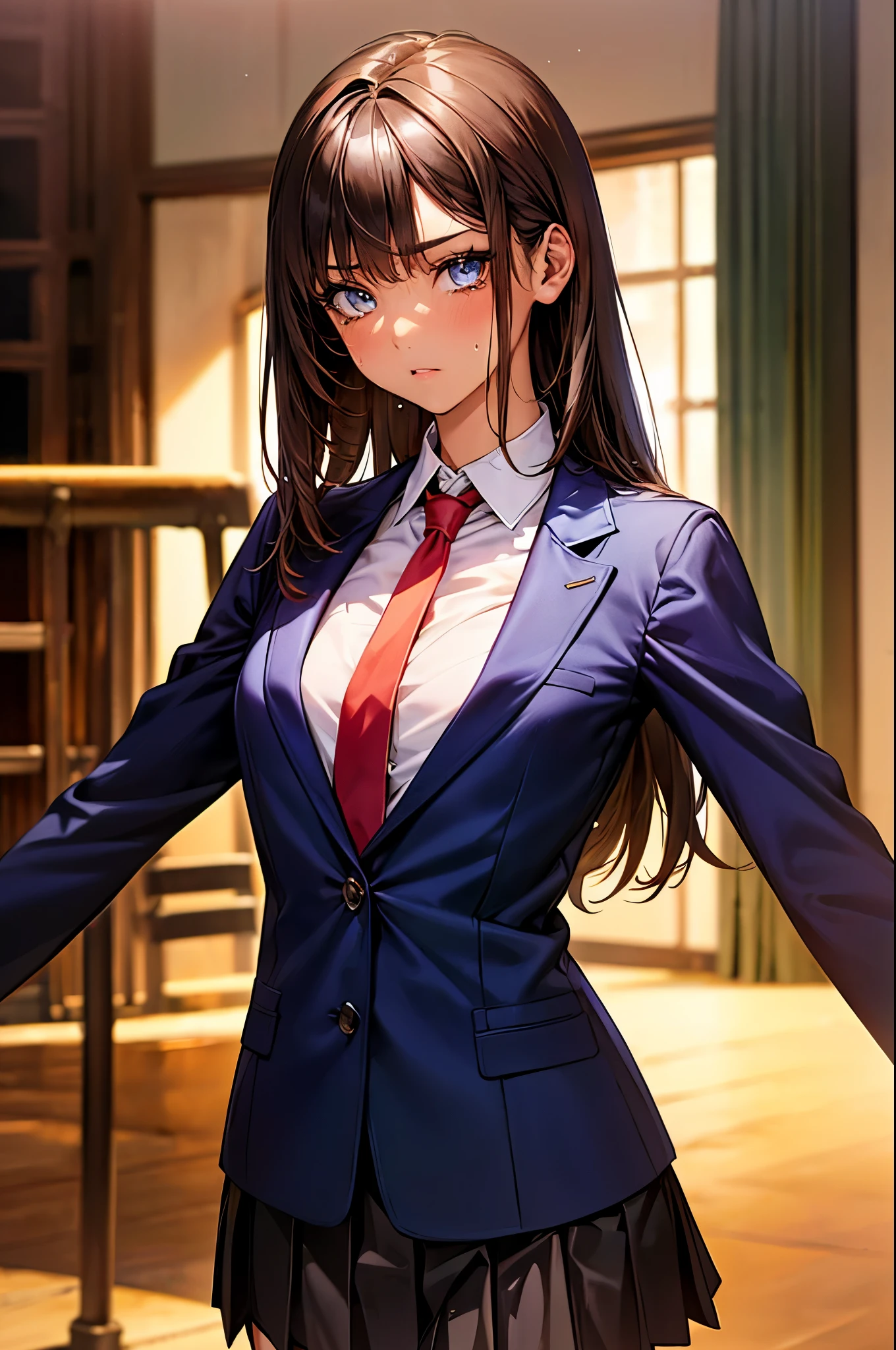 ((perfect anatomy,realistic,:1.3,RAW Photography:1.3,masterpiece、highest quality、Ultra - High resolution、High resolution、Highly detailed CG、8K)),cowboy shot,1 female,solo,18 year old beauty, Japanese、((beautiful detailed face and eyes:1.2,big gorgeous eyes:1.2)),dark brown hair,long hair,bangs,medium breasts,slender body,small head:1.4,skinny,(brown skin:1.5,oily skin,gleaming skin,shiny skin,sweat),(School uniform、navy blue blazer、red tie、pleated navy mini skirt),dark warehouse、