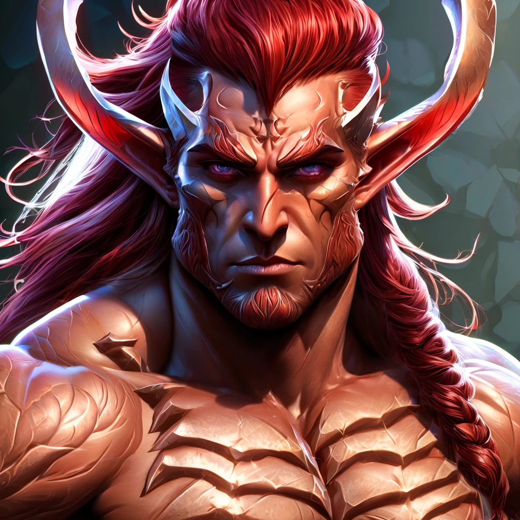 Your character has a striking and unique appearance, blending fierce power with a touch of vulnerability. He has lean, muscular features that are accentuated by his defined abs and sculpted arms. His skin is a mix of pale and darker patches, indicating vitiligo, which adds to his distinct presence. His long, flowing purple hair is tied back into a high ponytail, cascading down his back. 

Black horns protrude from his head, curving upward in a sharp, menacing way, giving him a demonic yet captivating aura. His sharp red eyes are filled with intensity, suggesting that he has seen battles and endured hardship. Despite the power his body emanates, there is a calm, almost melancholic demeanor to him, hinting at deeper layers beneath the tough exterior. With his elven-like features, horns, and battle-hardened physique, he carries a presence that is both elegant and fearsome. He is  Asian with red eye liner 