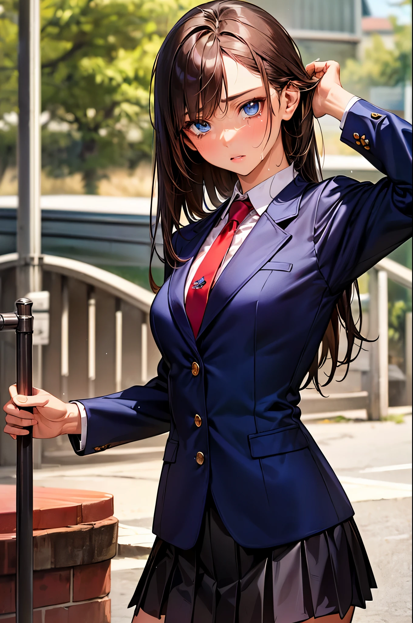 ((perfect anatomy,realistic,:1.3,RAW Photography:1.3,masterpiece、highest quality、Ultra - High resolution、High resolution、Highly detailed CG、8K)),cowboy shot,1 female,solo,18 year old beauty, Japanese、((beautiful detailed face and eyes:1.2,big gorgeous eyes:1.2)),dark brown hair,long hair,bangs,medium breasts,slender body,small head:1.4,skinny,(brown skin:1.5,oily skin,gleaming skin,shiny skin,sweat),(School uniform、navy blue blazer、red tie、pleated navy mini skirt),dark warehouse、
