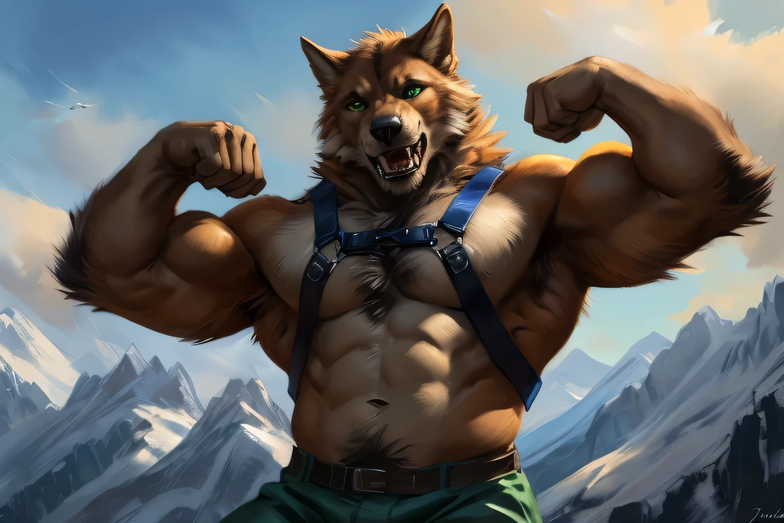 very muscular werewolf, flexing muscles, flexing biceps, biceps up, green eyes, realistic eyes, orange fur, white chest fur, black beard, very furry, standing on top of a mountain, wearing climbing harness, green short pants, 4k, high resolution, best quality, perfect colors, perfect shadows, perfect lighting, posted on e621, furry body, anthro body, anthro werewolf, werewolf, solo, male, adult, dad body, masculine, (very muscular, large muscles, buff:1.2), correct anatomy, (photorealistic fur, detailed fur, epic, masterpiece:1.2), (detailed mountain background, on top of the mountain, clouds, nature landscape, snow, winter), sexy shadows, (by echin, by Taran Fiddler, by Juiceps, by Rukis), (detailed eyes:1.2), impressive physique, confident pose, strong pose, confident face, proud, looking at camera, close to camera, happy, chest, (open mouth), pectorals, (front-angle shot:1.2), biceps, flexing, bodybuilder, detailed fangs, detailed eyes, realistic eyes 