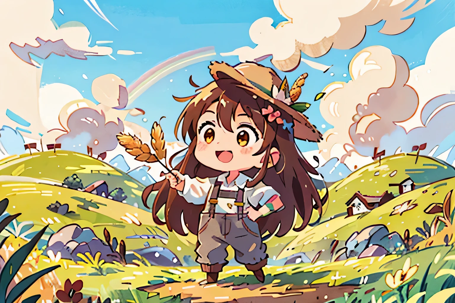 Girl with long brown hair,Put on the farmer suit,(cultivate),wheat field,There are rainbows,colorful,Dance(with love)happy,小wheat field(surrounded by love),O sign,vector,line art,design,inspiration,straight line,RHAD
