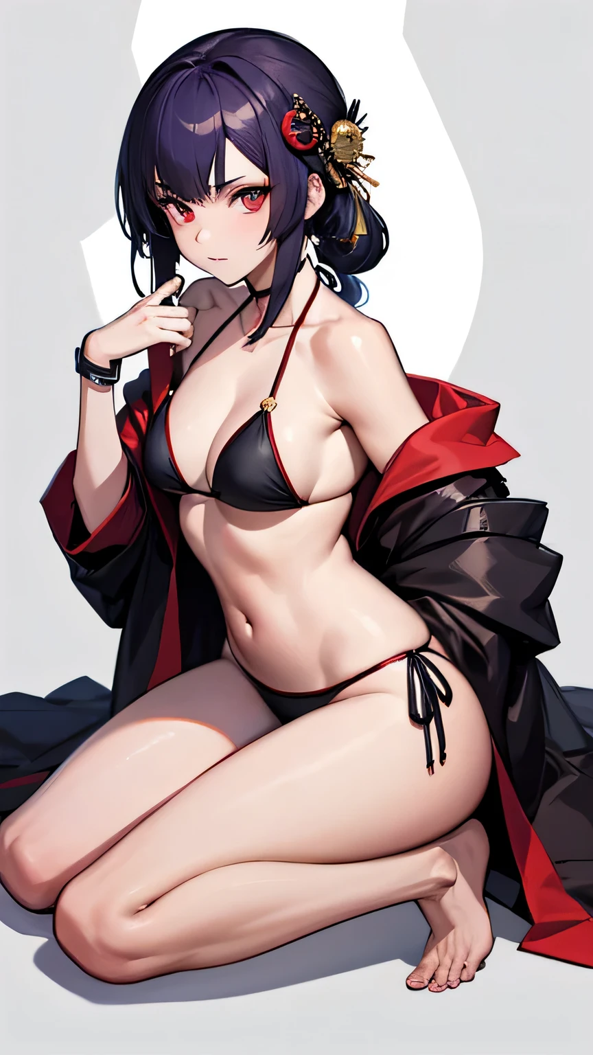Mujer japonesa con katana, Samurai, tatuaje en el cuerpo, hermosa, rostro detallado, cuerpo completo, bikini, ojos lindos, trasero grande 