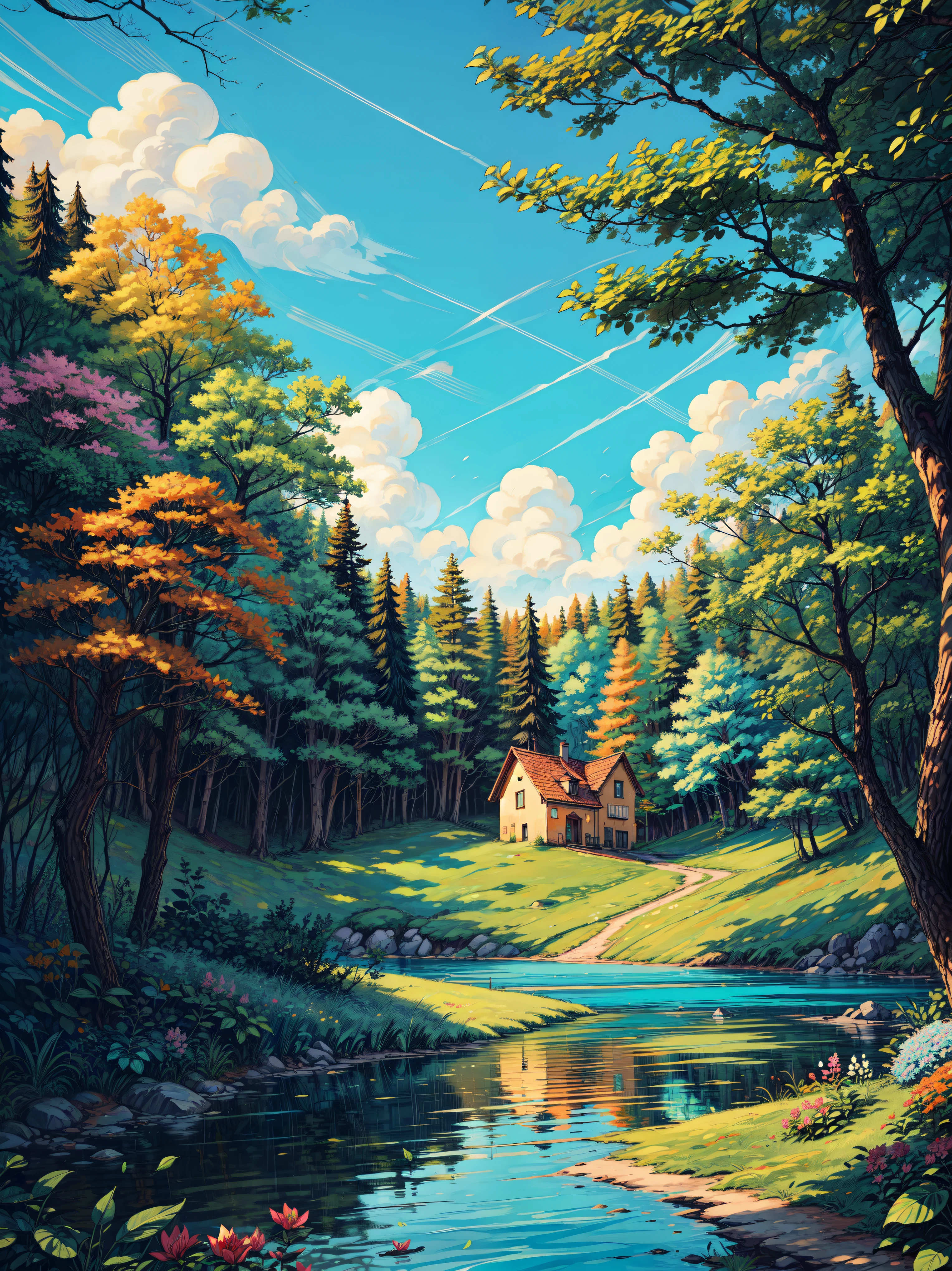 wide view, a orange cottage, turquoise lake, rhododendron trees, reflection, day light, long grass, windy, chimney, lily leaves, greenish blue sky, light shine on part of foliage, micro landscape, intrinsic details