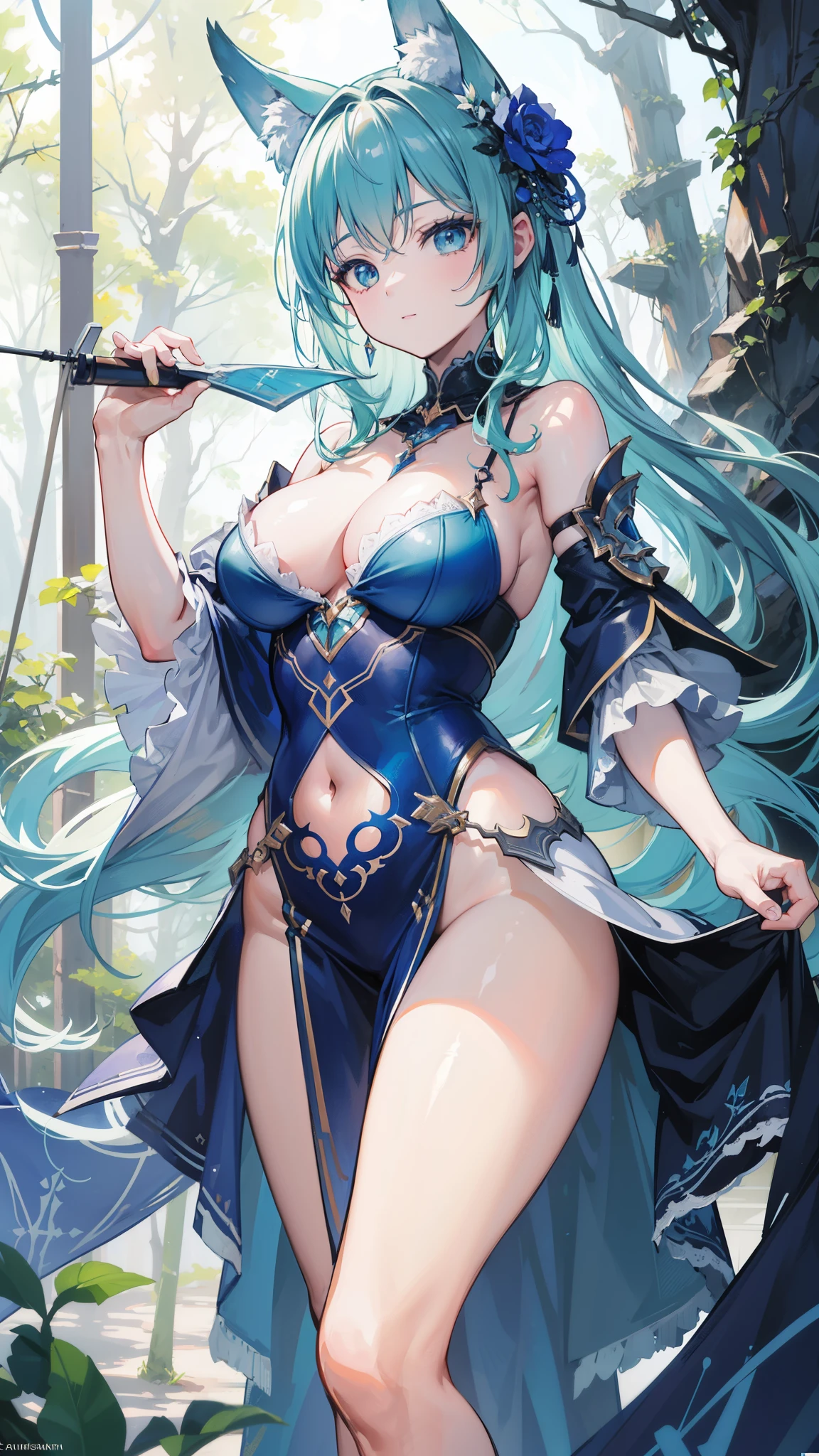 32k, best quality, ultra high res, HDR, UHD, extremely detailed CG, unity 32k wallpaper, happy girl, in the center, looking at camera, approaching perfection, dynamic, (with shades of blue ((forest green 1.5)))), very detailed, digital painting, artステーション, コンセプトart, Smooth, sharp focus, figure, art：Carne Griffith and Vadim Kashin, detailed face, 4k