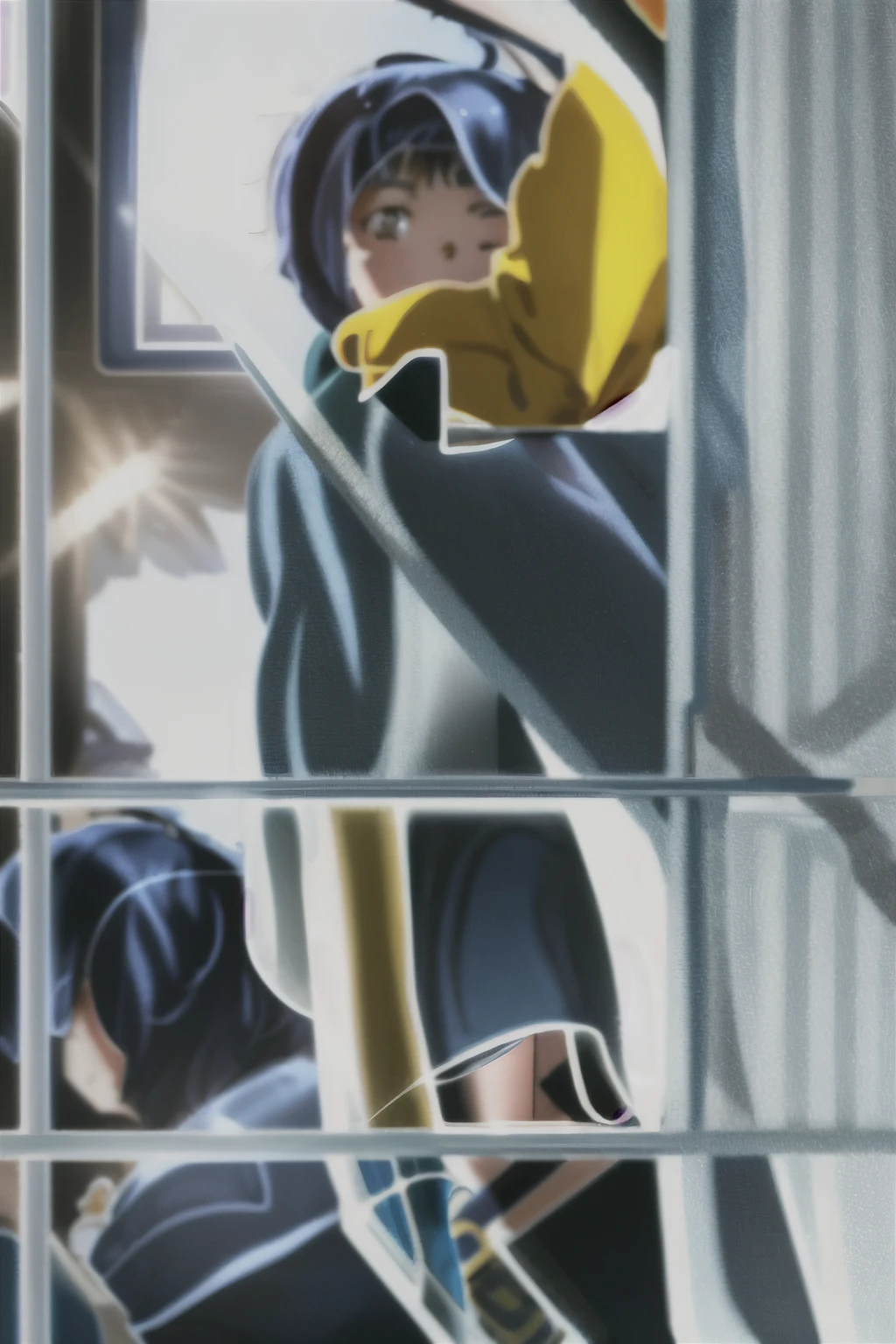 masterpiece, best quality, ultra-detailed, ray tracing, perfect lighting, (shiny skin:1.2), 1girl, solo, blue_hair, short_hair, hair_ornament, ahoge, hairclip, heterochromia, blue_eyes, yellow_eyes, hood, hoodie, yellow_hoodie, shoes, shorts, hood down, blue_shorts,bag, indoors, day, window, young, light smile,