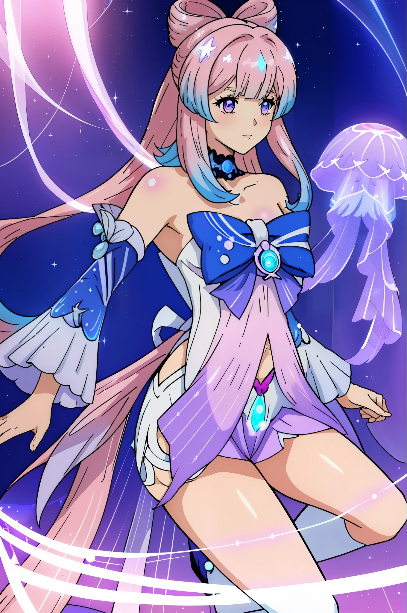 1 girl solo, long pink hair, translucent clothes, big blue bow on her chest, long wide sleeves, bare shoulders, long white socks, light purple eyes, pastel colors, giant seashells with pearls, iridescent light, sparkles and glow, vintage anime screenshot, 90s anime, ((magical girl transformation, henshin)), pink glowing jellyfish flying near her